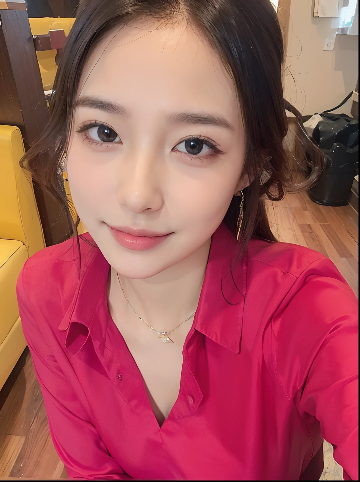 (top-quality、8k、masterpiece:1.3)、Beautiful Women in Perfect Figure:1.4、dark brown hair、extremely detailed face and skin、A detailed eye、二重まぶた、huge tit、a smile、g-cup