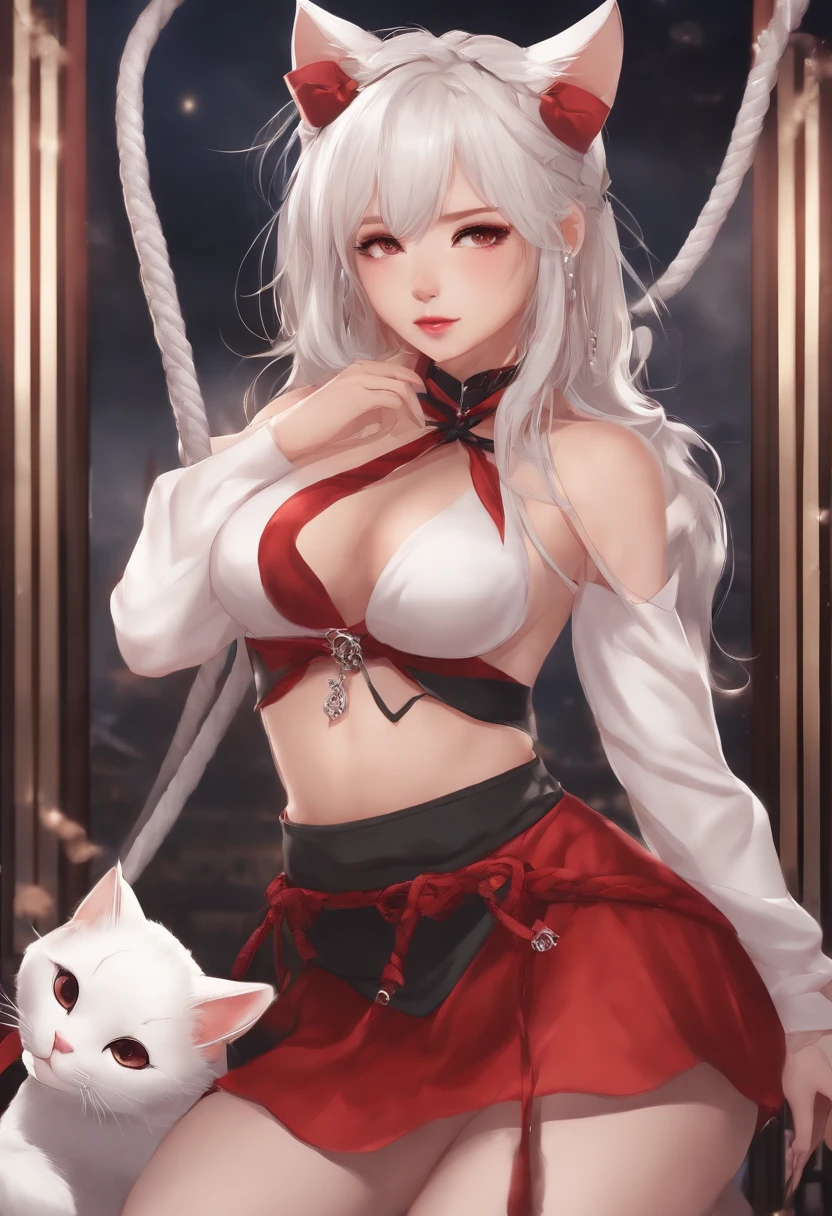 Cute with cat ears, Shibari, white colored hair, in an erotic pose, On the background of a large poster with a naked cute anime girl, in a red mini skirt