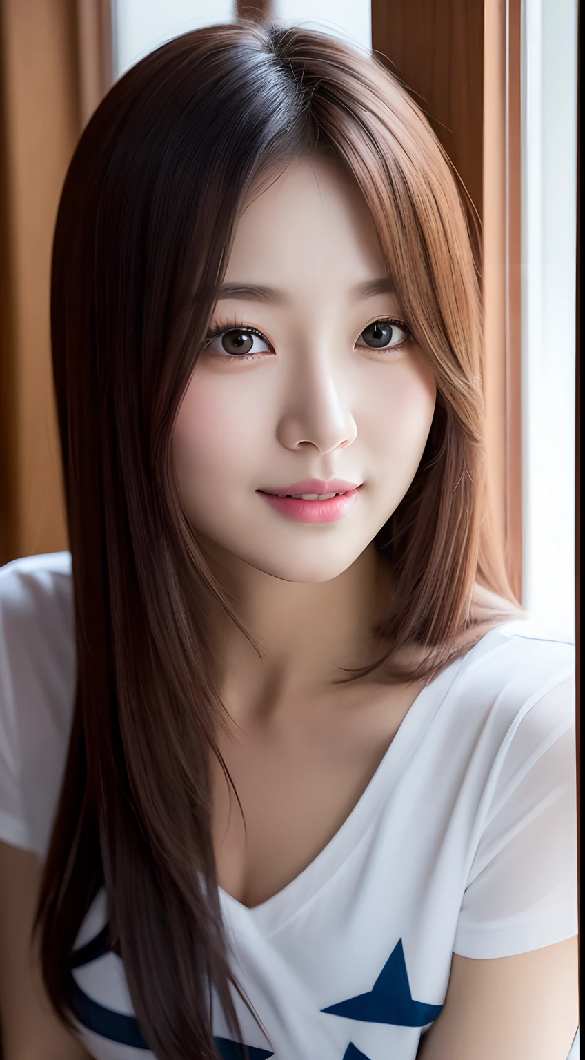 Realistic photos of (1 cute Korean star) hair over one eye, thin makeup, slightly smile, 32 inch breasts size, wearing v-neck t-shirt, sitting at window's bar, close-up portrait, UHD