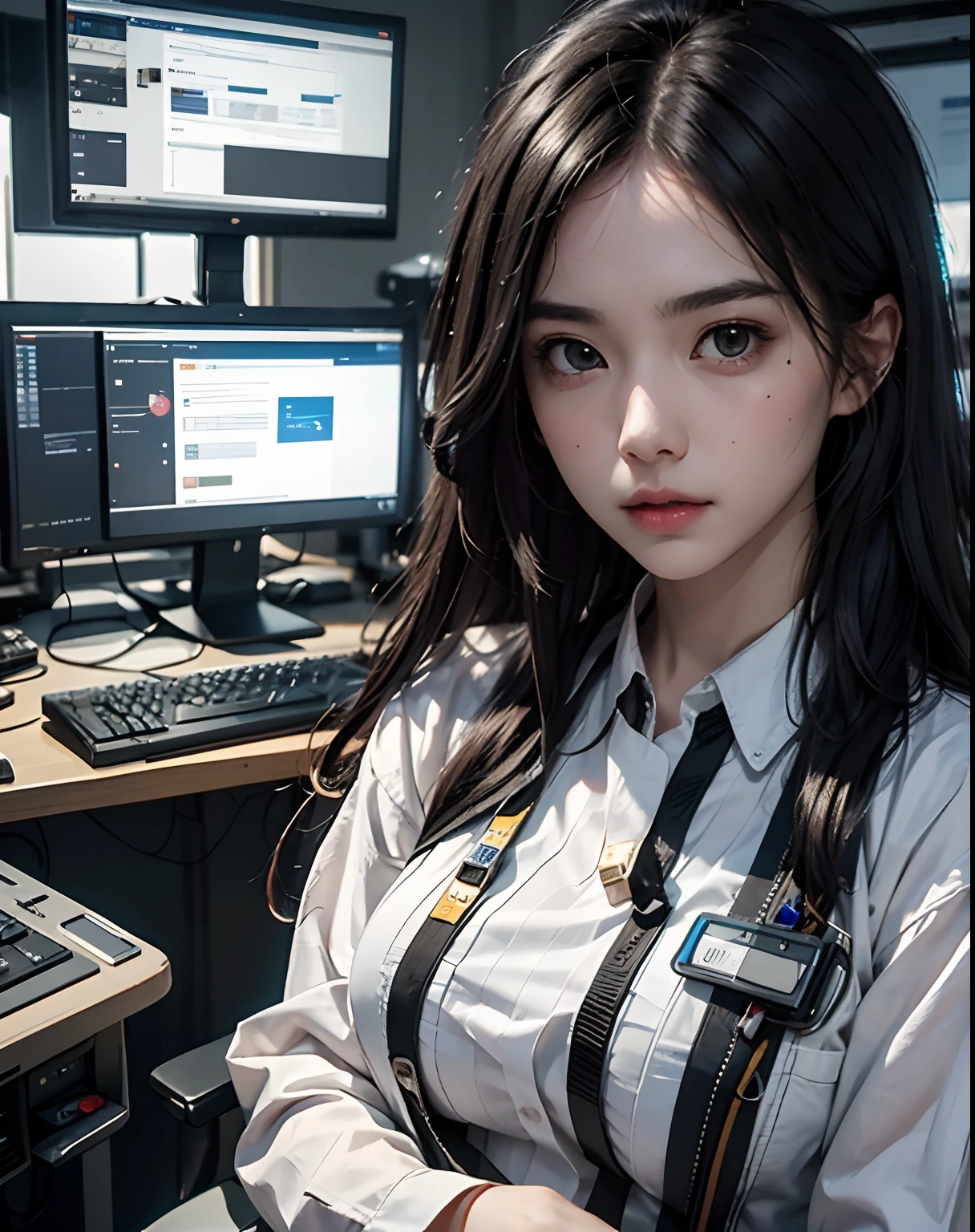 The black-haired young woman dressed as a technician has a serious expression, and the background is a large scientific research institute with many large screens, sitting in front of the computer to operate, with a serious expression