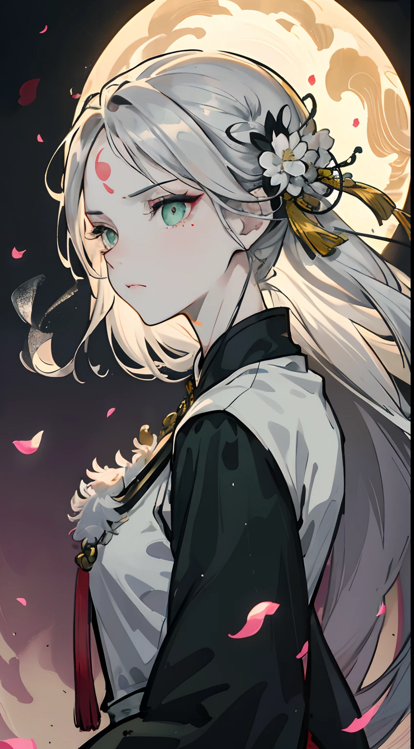 Adult female, strong, green eyes, long silver hair, floating hair, forehead wipe, resolute eyes, complex white Taoist Taoist uniform, gorgeous accessories, magic smoke around him, fov, f/1.8, masterpiece, ancient Chinese architecture, night, flower petals flying, front portrait shot, side lighting, moonlight shining on people, 8K, ultra HD, HDR