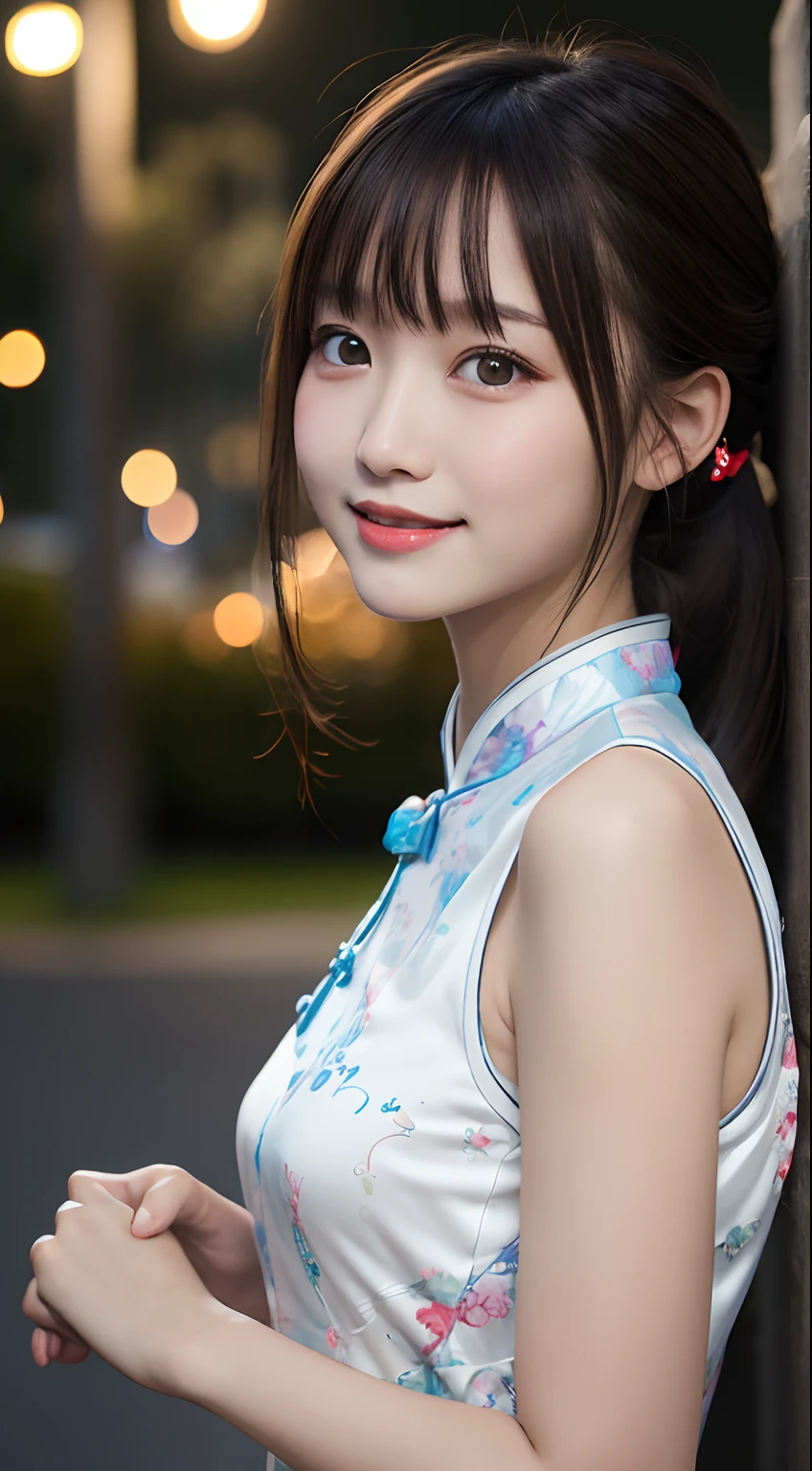 masutepiece, Best Quality, 8K, 10yaers old, Teen, Raw photo, absurderes, award winning portrait, Smile, Solo, (Night:1.8), Idol face, violaceaess, Delicate girl, Upper body, Digital SLR, Looking at Viewer, Candid, Sophisticated,Thin arms, Professional Lighting, Film grain, chromatic abberation, (Eyes and faces with detailed:1.0), (Bokeh:1.1) , (qipao dress:1.1) , closes mouth