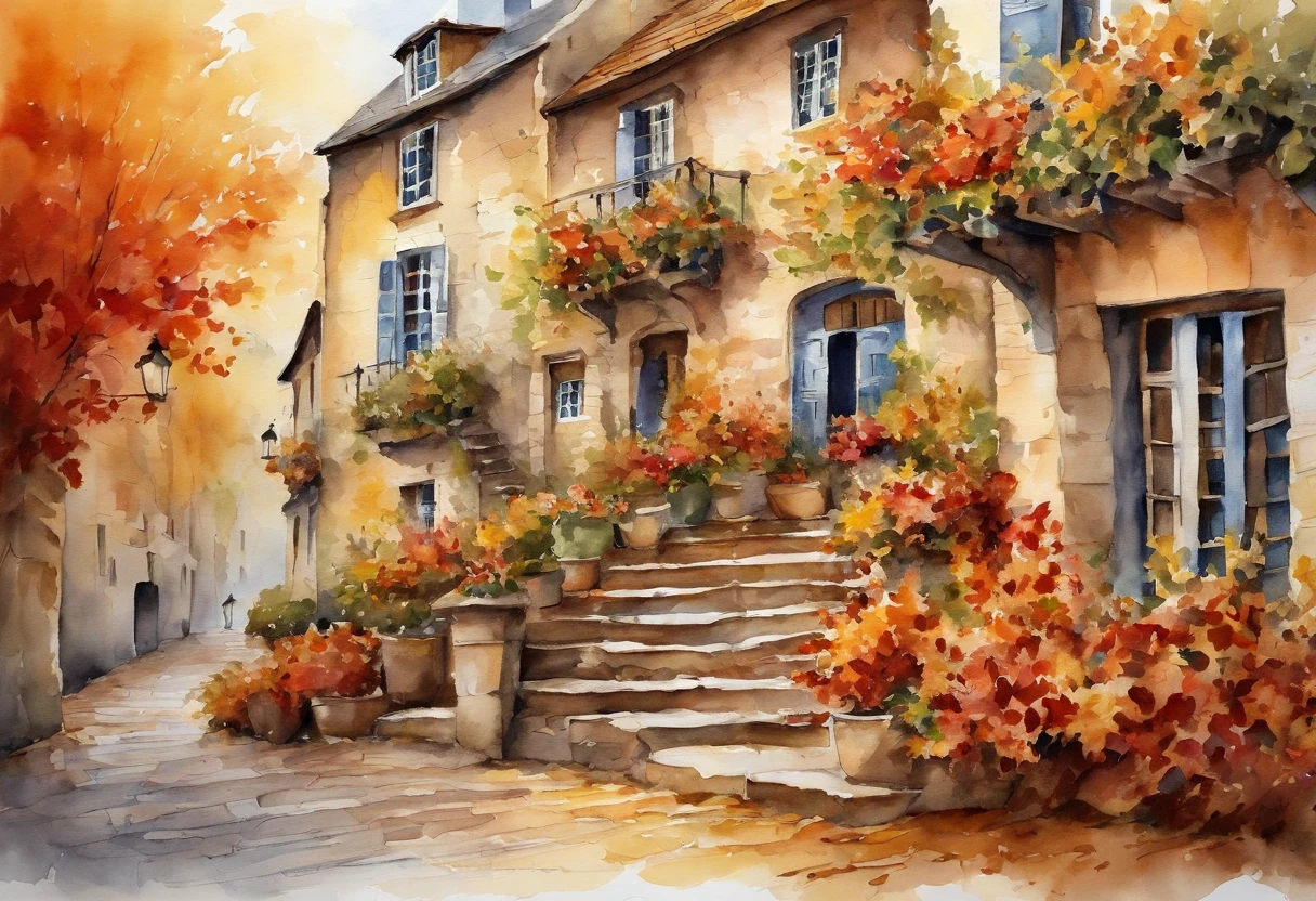 Traditional architecture of the English Middle Ages,cafe terrace,Cobblestone alley,autumnal,Colored leaves,Bright autumn leaves, red leaves, golden leaves,Gentle stairs