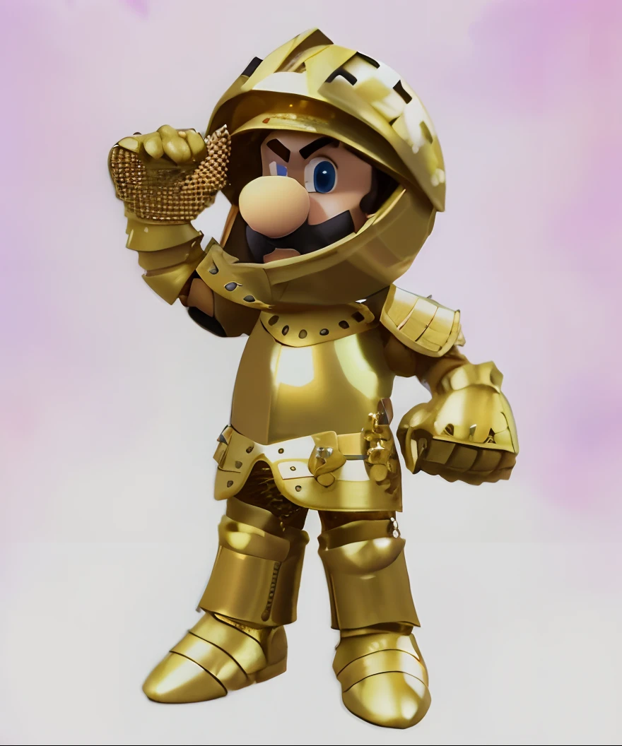 there is a gold knight, Luigi, inspired by Luigi knoght, Luigi as a soldier, gold armour suit, gold armour, gold armor, wearing gold armor, smooth gold armor, sleek gold armor, high detail iconic character, Luigi as a world war i soldier, light gold armor