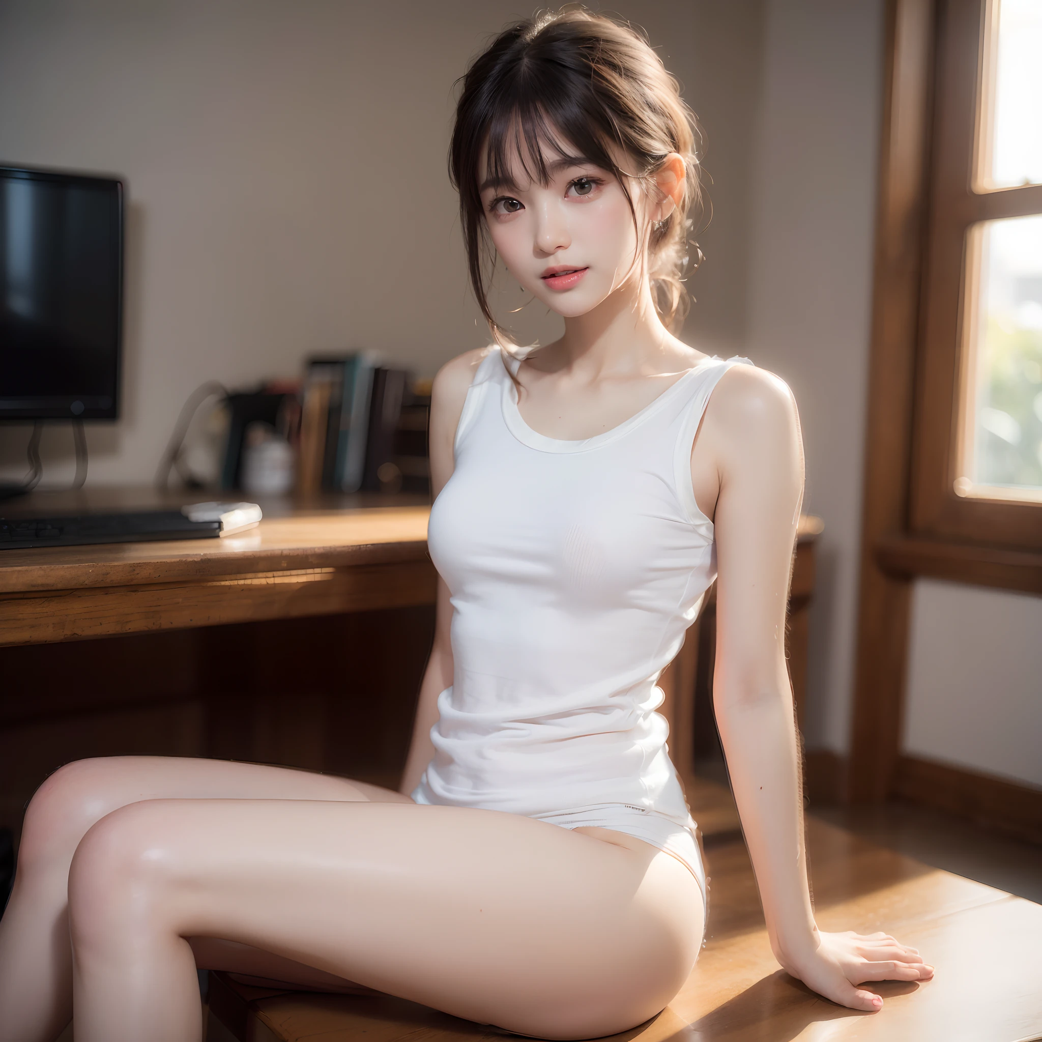 Surreal 8K CG,perfect faces,Impeccable perfection,ren,tmasterpiece,professional artwork,famous artwork,Innocent 、((Wear a sleeveless T-shirt)、Wear small panties、Sitting in the room、A Smile、Raw foto, (8K、Top Quality、masterpiece:1.2)、(delicate detail:1.4)、(Photorealcitic:1.4)、octan render、Complex 3D rendering, Ultra-detail, Studio Soft Light (Studio Soft Light), Rim Light, vibrant details, Super detailing, Realistic Skin Textures, Detail Face, Beautiful detail eyes, Highly detailed CG Unity 16k wallpapers, Makeup-, (detailed background:1.2), shinny skin、turned around、exposed thighs!!!,Sorrisos, Wave hair