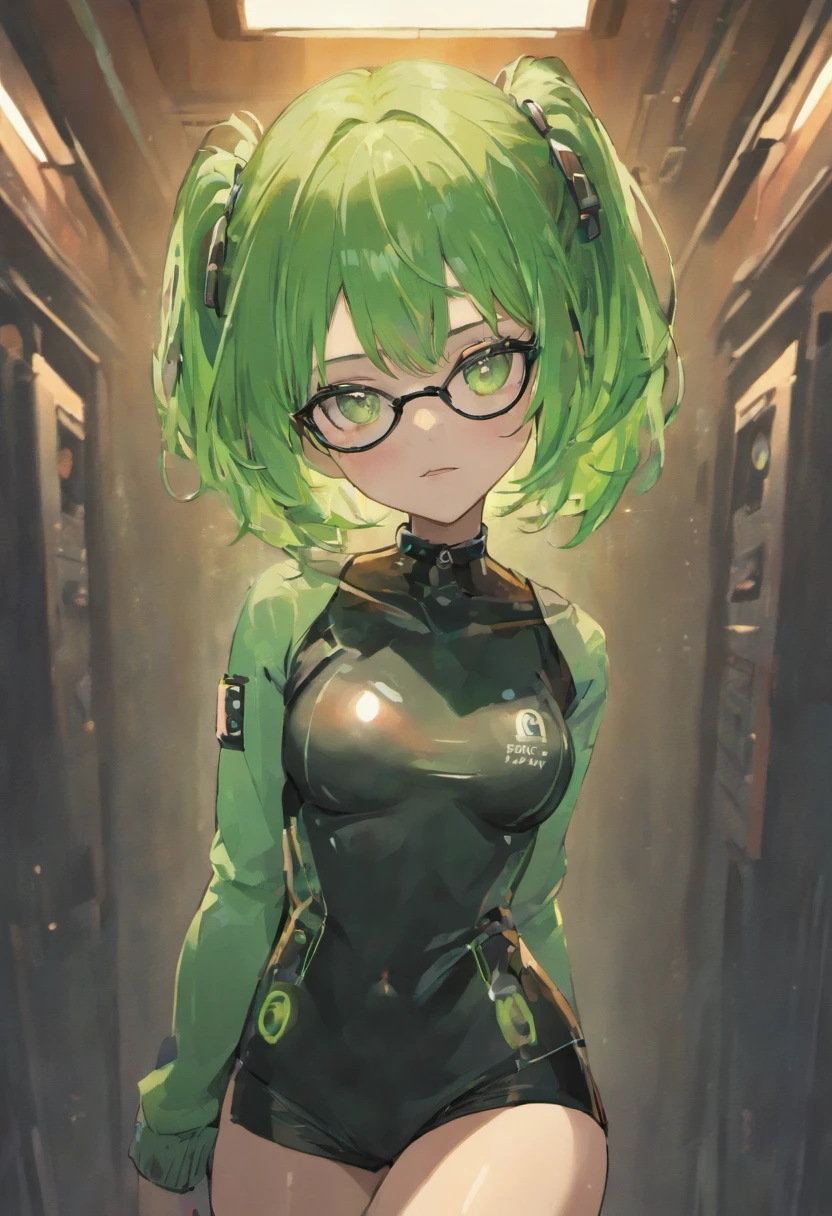 cosplay, E-girl+++, fembot, shiny, green hair, glasses, wearing black frame glasses, female android, with glasses, Asian, malfunction fembot, popular pronstar, Scientistcosplay, {E-girl, fembot, shiny}, {green hair}, a woman glasses, wearing black frame glasses, beautiful female android beautiful, with glasses, {E-girl}, high res,{{fembot}} {Gamer girl}, E-thot, {{full body}}, Two-tone hair realistic, high-res, yandere,(masterpiece), best quality, expressive eyes, glowing eyes, (perfect face: 1.3), smile, beautiful woman, dominant, confident, highly detailed, extreme detail, raytracing, Volumetric lighting, and Dynamic Shadows. masterpiece, best quality, volumetric lighting, dynamic pose, intricately detailed outfit, intricately detailed face, perfect eyes", dynamic pose