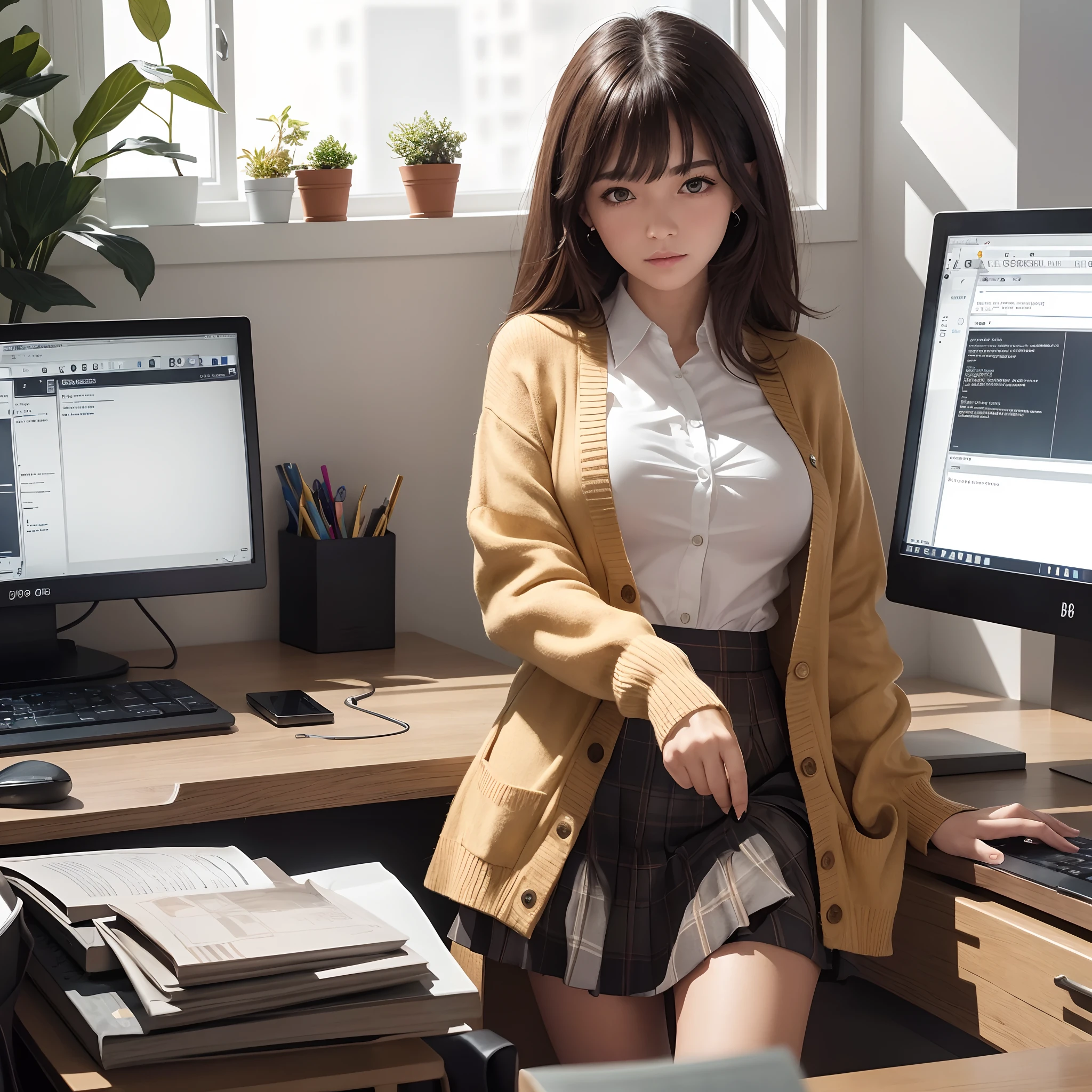 masterpiece, award winning, super detail, high quality, photo, girl, solo, she is a Web designer, use her computer, medium hair, bangs, detailed eyes, Shining eyes, detailed fingers, wearing a cardigan, skirt, in the office, This office is a bright place with a creative atmosphere, natural light, colorful and modern interior, new equipment