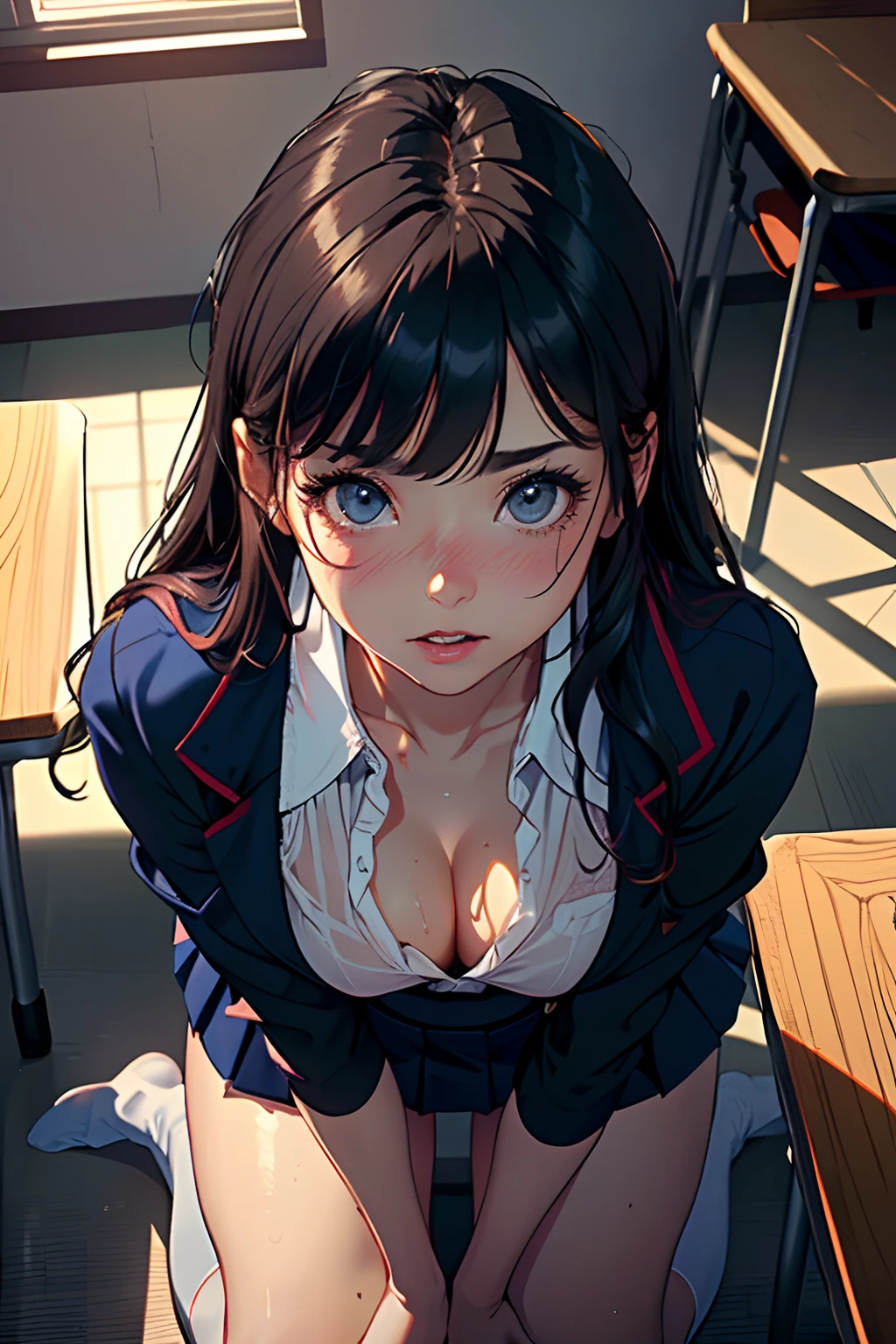 NSFW, (masterpiece, best quality, photo realistic:1.4), (shiny skin), (UHD, 8K wallpaper, High resolution), Perfect anatomy, Cinematic lighting, physically-based rendering, award-winning, extremely detailed skin, extra detailed face, eyes with beautiful details, Carl Zeiss 85 mm F/1.4, (((1girl and 1man, couple, having sex))), (girl kneeling in front of a man:1.3), (face to face), (1girl: very cute -yeld Jaese schoolgirl, (brown wavy semi-long hair, bangs), medium breasts with cleavage, (white school blouse, school ribbon), (navy pleated Skirt lifted by herself:1.3), (1girl: noseblush and naughty, eyes), blushing, in the midnight classroom, (1man: a handsome man and wearing recruit suit, holding her head), shot from diagonally forward, shot from above,