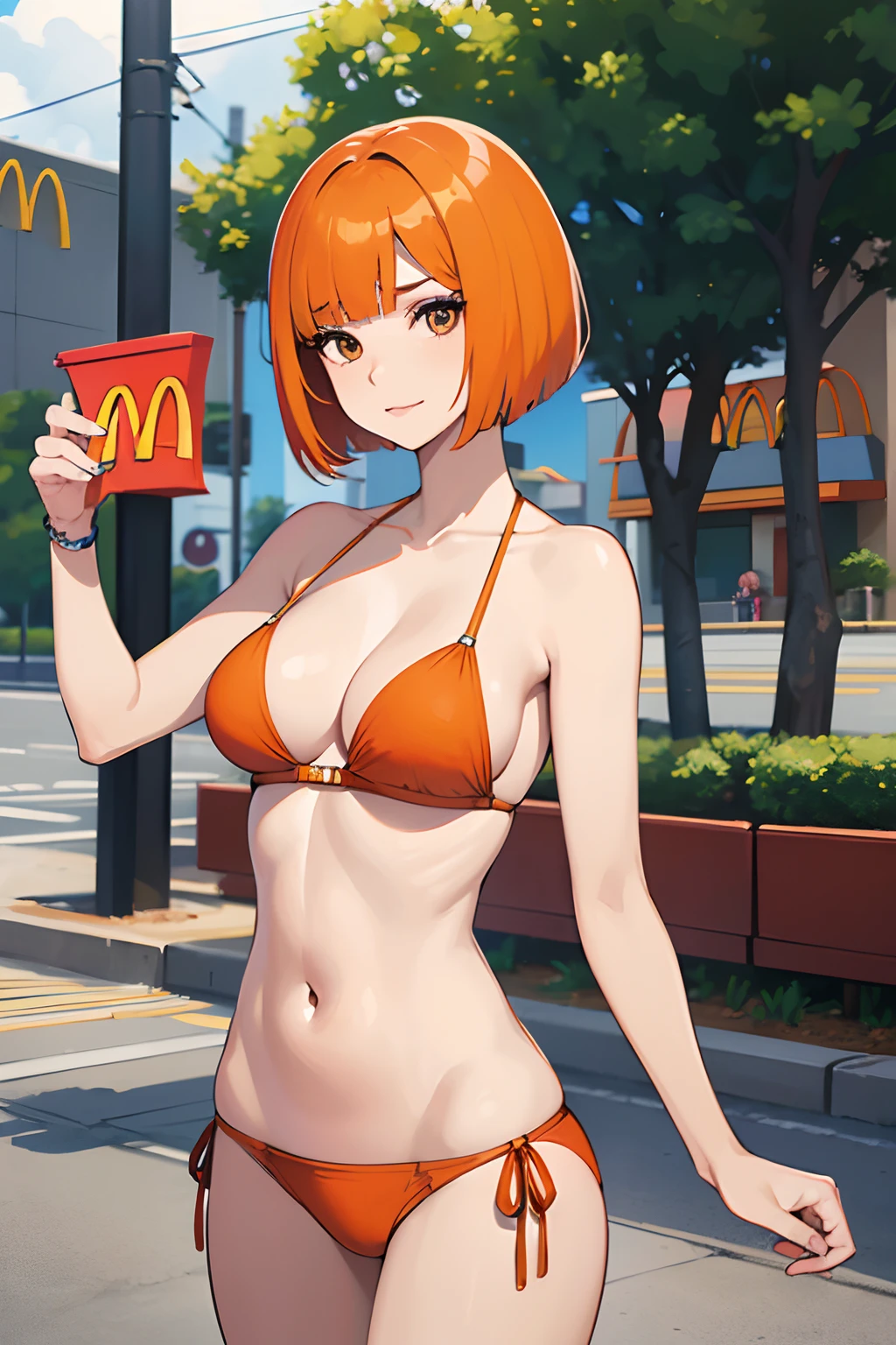 Mujer, (pechos grandes), ((corte bob recto)), ((cabello naranja)), (solo), sexy Orange hair, ((mcdonald's)), bikini, (((straight bob cut))) straight bob cut, playera, mostrando el bra