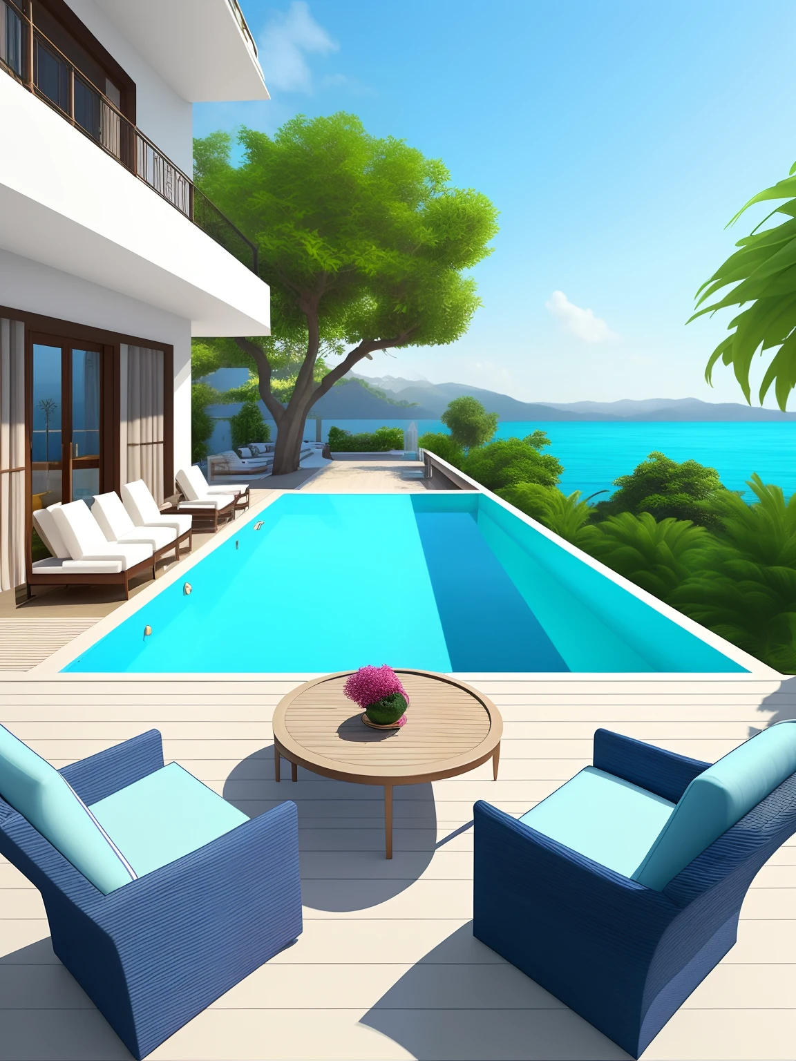 There is a swimming pool with a tree with beautiful armband flowers, and a very comfortable and beautiful sofa and a coffee table, Ambiente de estilo sereno e tranquilo, lugar bonito com o mar azul ao fundo, Incredible masterpiece, paradise in the background, estilo de vida de luxo, incrivelmente bonito, ambiente luxuoso, Piscina grega, ambiente relaxante, bela obra-prima, design ao ar livre, beautiful terrace, beautiful aesthetic design, Perfectly detailed, Beautiful and Aesthetic, Nice house, piscina dos sonhos, riqueza de detalhes na cena em 8k