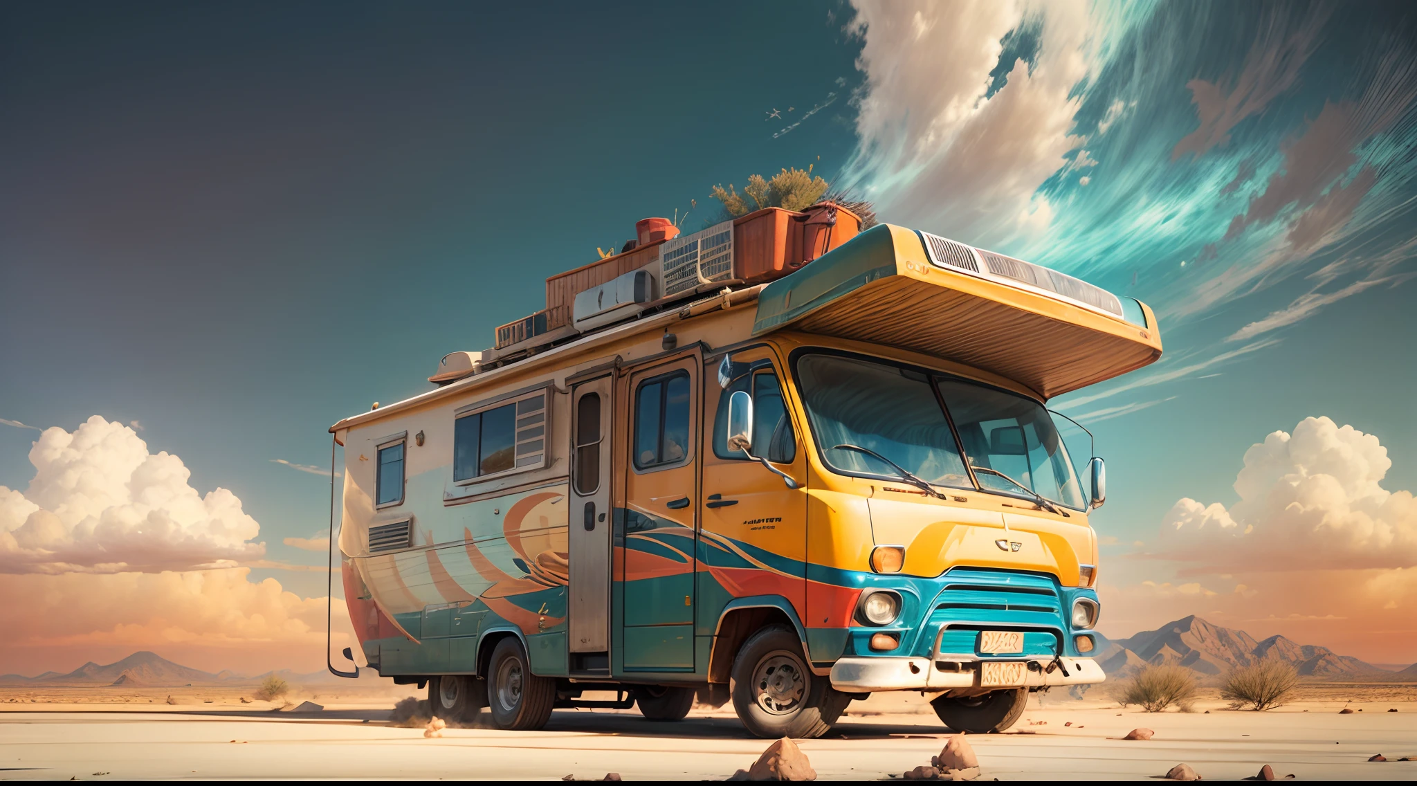 masterpiece, concept art, medium shot, RV vehicle, street, cloud, desert background, vibrant color, volumetric lighting, global illumination, HD