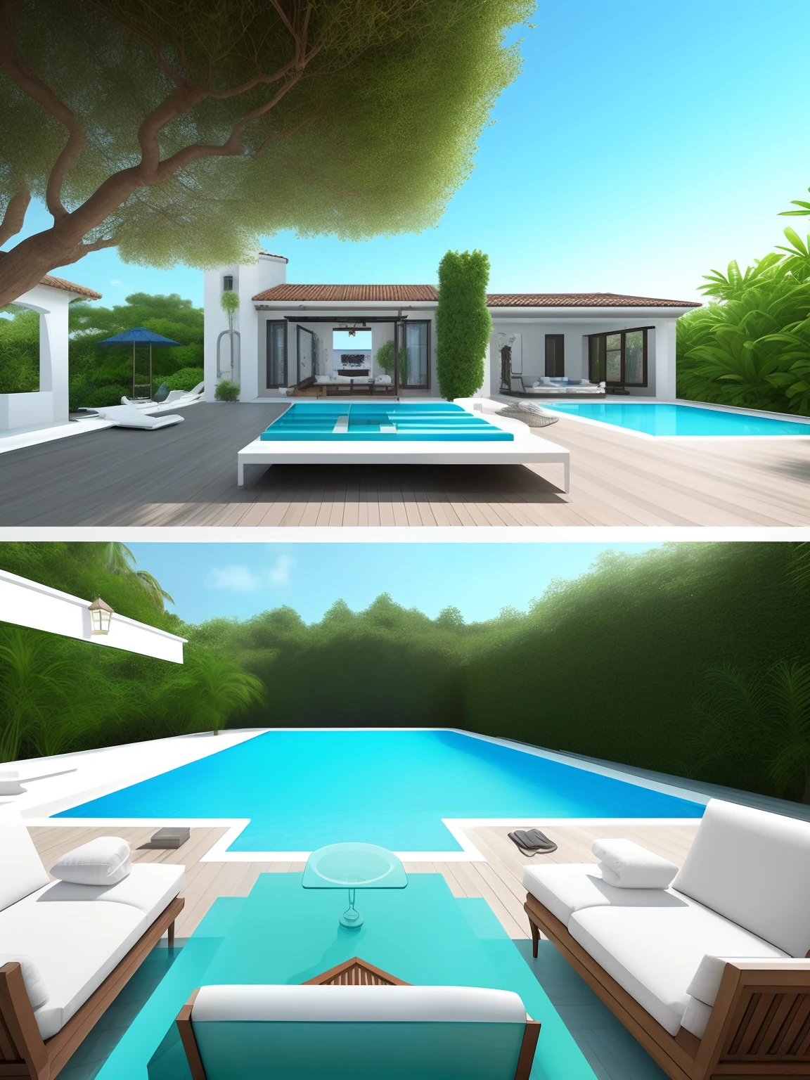 There is a swimming pool with a tree with beautiful armband flowers, and a very comfortable and beautiful sofa and a coffee table, Ambiente de estilo sereno e tranquilo, lugar bonito com o mar azul ao fundo, Incredible masterpiece, paradise in the background, estilo de vida de luxo, incrivelmente bonito, ambiente luxuoso, Piscina grega, ambiente relaxante, bela obra-prima, design ao ar livre, beautiful terrace, beautiful aesthetic design, Perfectly detailed, Beautiful and Aesthetic, Nice house, piscina dos sonhos, riqueza de detalhes na cena em 8k