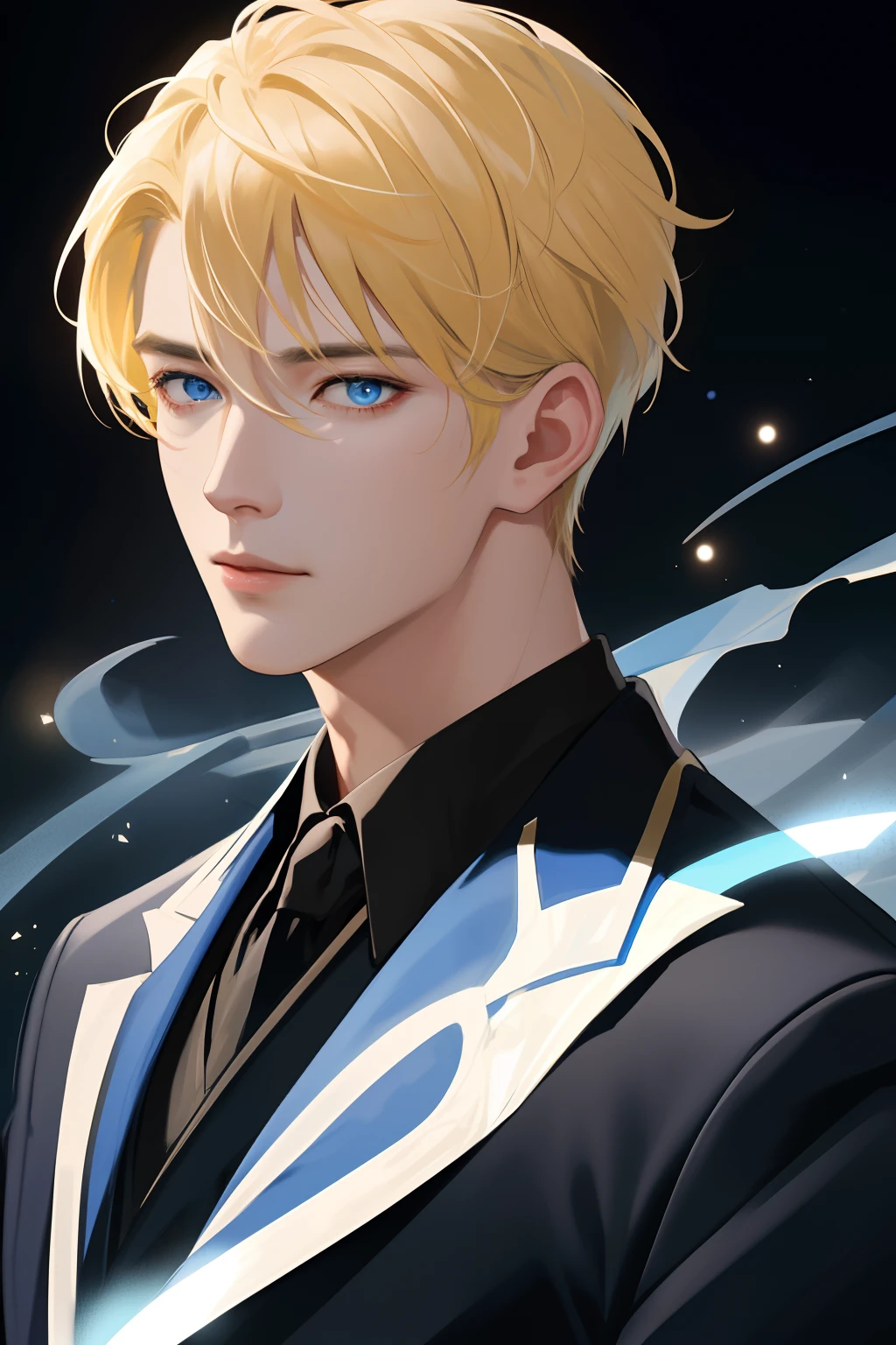 offcial art, Masterpiece, 1 boy, 1 man, 1 male, A man, Sharp focus, (Korean man:1.3), (Handsome man Korean:1.3), Korean handsome, Delicate masculine hair,Eyes and face, Realistic, Ultra detailed, Handsome man, Luminous white particles, (side-lighting:1.2), scenery, White as spring hair, Cool expression, Dynamic hair, Short and messy yellow hair, blue color eyes,Single man,Sexy, wearing black suits,In the dark, deepshadow, low tune, Cold light, Dynamic light, Cinematic lighting, Cinematic lighting, Mature man, facial closeups, detail in face, Red lip detail, very detail eyes, detailedface, detail in face, detail, Utra details, The is very detailed, highly details, Ultra detail,