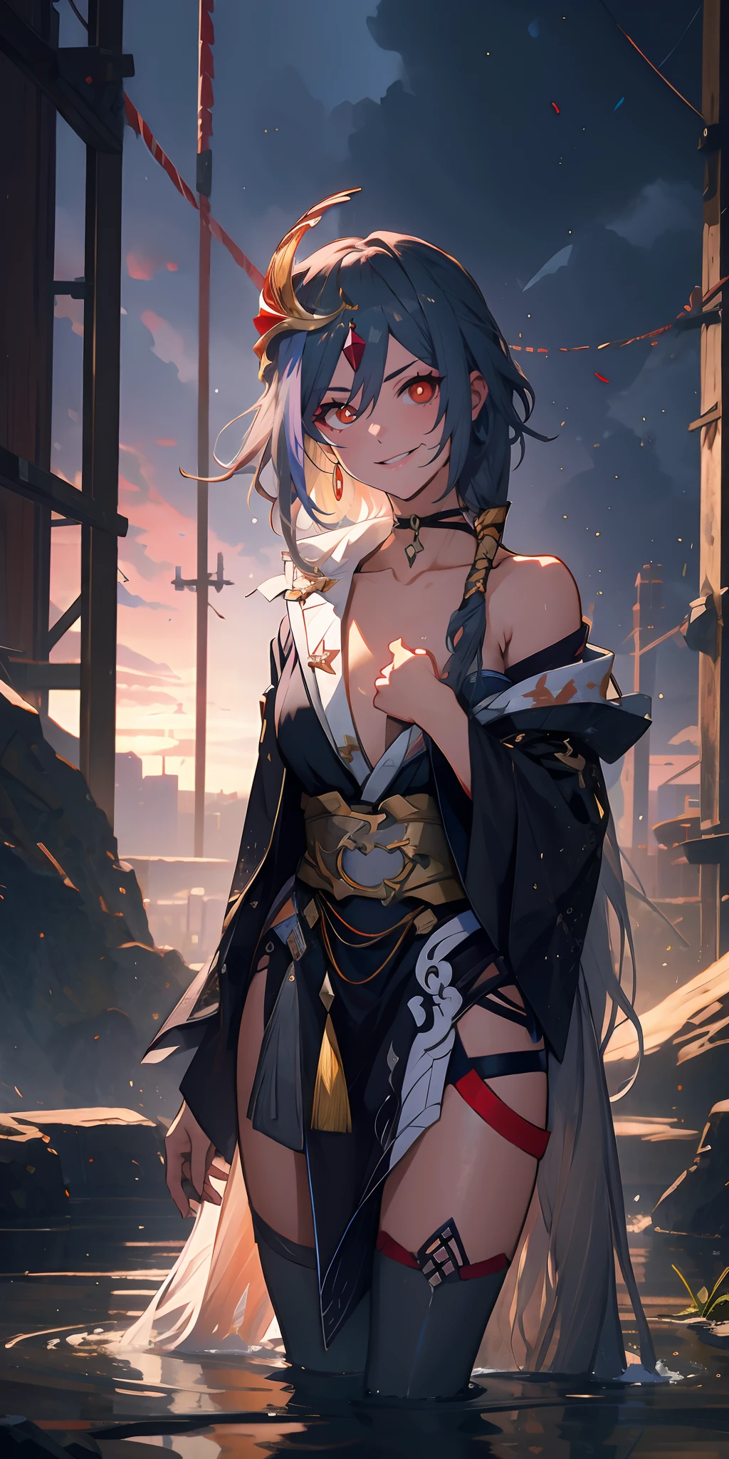 (long hair, hair ornament, grey hair:1.7), multicolored hair, red eyes, glowing eyes, masterpiece, best quality, (highres:1.4), (sagging breasts:1.4), hollow eyes, sweating, smirk, upper teeth, looking at viewer, 1girl, breasts, thighhighs, cleavage, solo, looking_at_viewer, large_breasts, black_legwear, standing, long_sleeves, wide_sleeves, sky, wading, kimono, japanese_clothes, glow effects, godrays, Hand drawn, render, 8k, octane render, cinema 4d, blender, dark, atmospheric 4k ultra detailed, cinematic, Sharp focus, big depth of field, Masterpiece, colors, 3d octane render, 4k, concept art, trending on artstation, hyperrealistic, Vivid colors, extremely detailed CG unity 8k wallpaper, trending on CGSociety, Intricate, High Detail, dramatic,