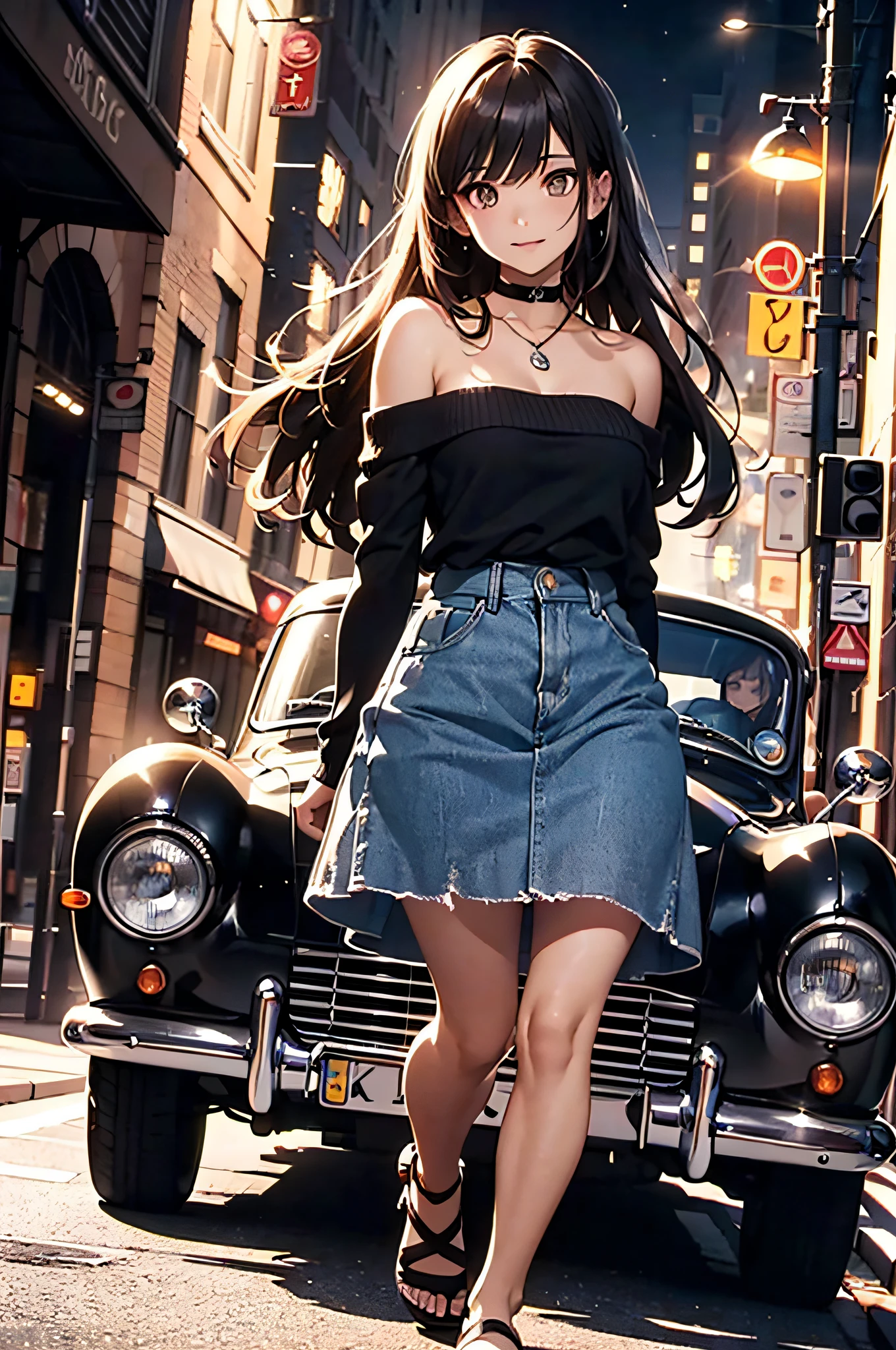 (Official art、Best Quality、Unity 8k Wallpapers、32K、masterpiece、ultra-detailliert、超A high resolution、realisitic、Photorealsitic:1.2)、(Cinematic lighting:1.2)、Fireglow effect、film grains、Best Shadows、Rim lighting、side lights、sideshot、(Ultra-detailed and complex 3D rendering)、Detailed beautiful face and eyes、A slender、Medium bust、(Full body:1.2)、 Highly detailed background、beauitful face、blurry backround、16-year-old beautiful girl、(super detailed skin、detailed skin textures:1.3)、chestnut bristles、Brown-eyed、Hip Hop Cable、off shoulders、jumper skirt、Black stockings、(thighs thighs thighs thighs:0.8)、Knitted sandals、City at night、Open your mouth and smile gently、a choker、dynamicposes、(Classic car on woman background、Woman illuminated by headlights:1.2)