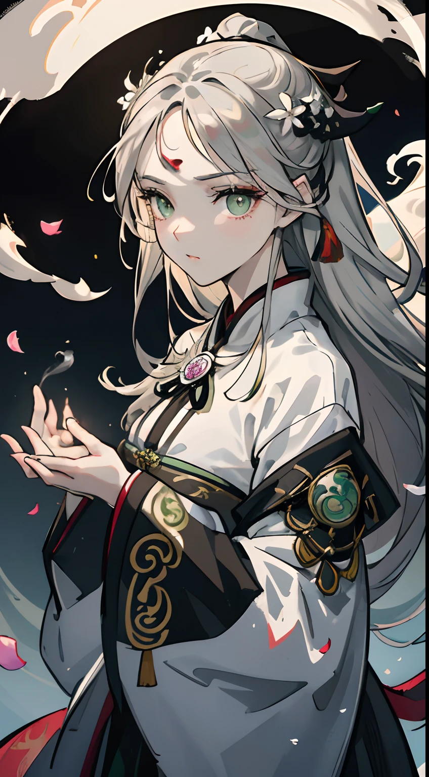 Adult female, strong, green eyes, long silver hair, floating hair, forehead wipe, resolute eyes, complex white Taoist Taoist uniform, gorgeous accessories, magic smoke around him, fov, f/1.8, masterpiece, ancient Chinese architecture, night, flower petals flying, front portrait shot, side lighting, moonlight shining on people, 8K, ultra HD, HDR