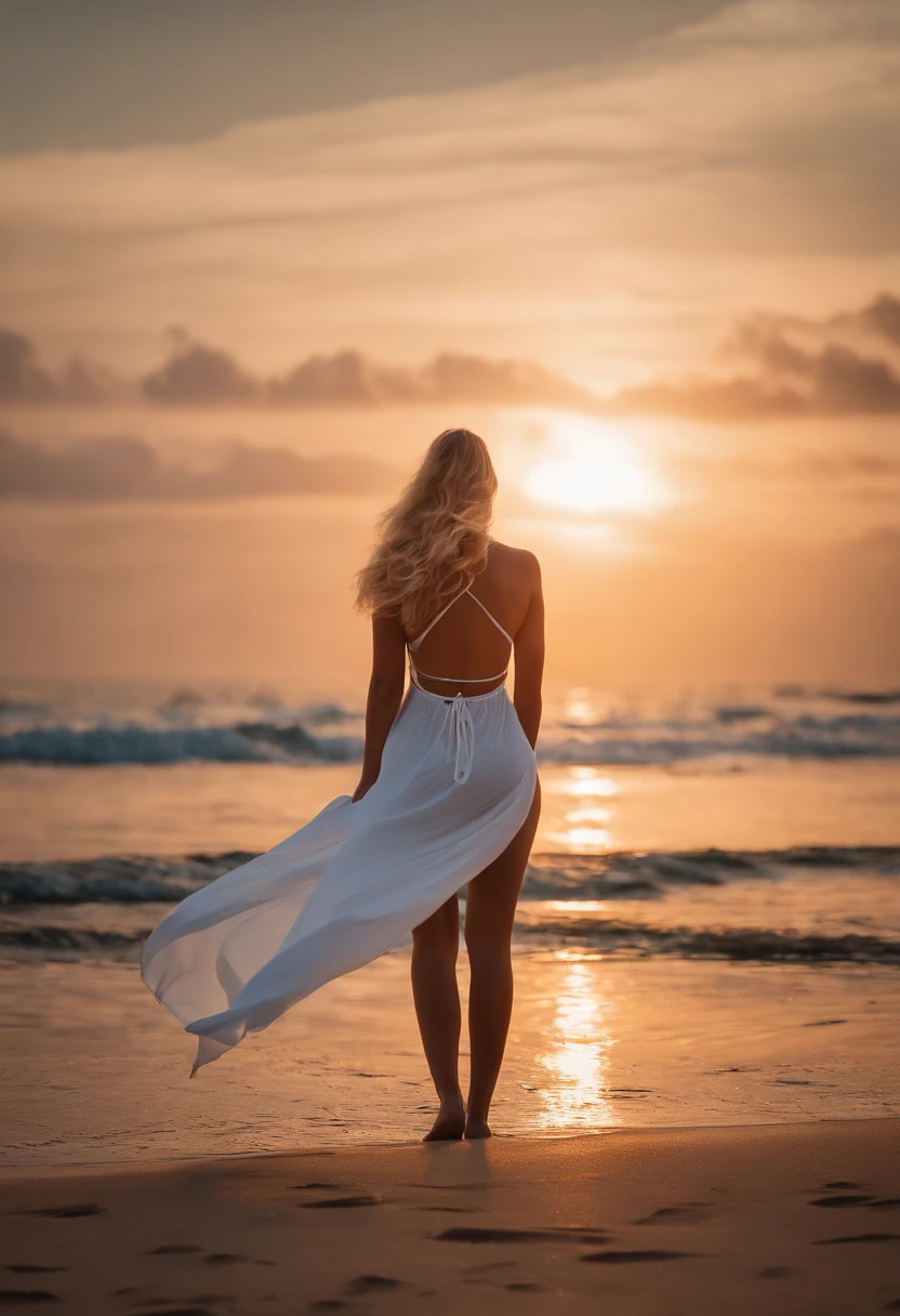 Full body shot, 1 girl beautiful, walking, on tip toes, 13 years slim, show feet, white nails, long blonde hair, bikini, Meer wellen Strand Sommer Sonnen untergang, UHD, masterpiece, anatomically correct, high details, highres, best quality, super detail, 8k