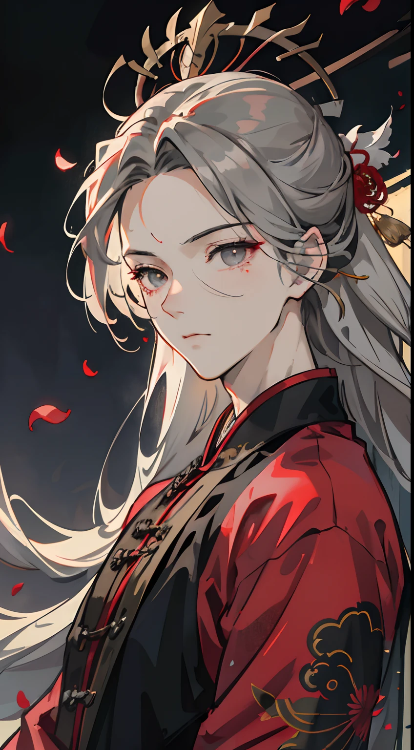 Adult male, strong, red- bark eyes, long grey hair, floating hair, forehead wipe, flying bangs, resolute eyes, ancient Chinese costume, gorgeous accessories, magic smoke around him, fov, f/1.8, masterpiece, ancient Chinese architecture, night, flower petals flying, front portrait shot, side lighting, moonlight shining on people, 8K, HDR, ultra HD, semi-realistic