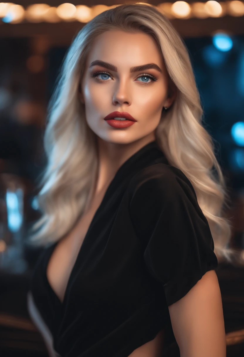 Realistic white female Instagram influencer, Best quality, Blonde, 1 fille, yeux bleus, en robe courte moulante noir au club