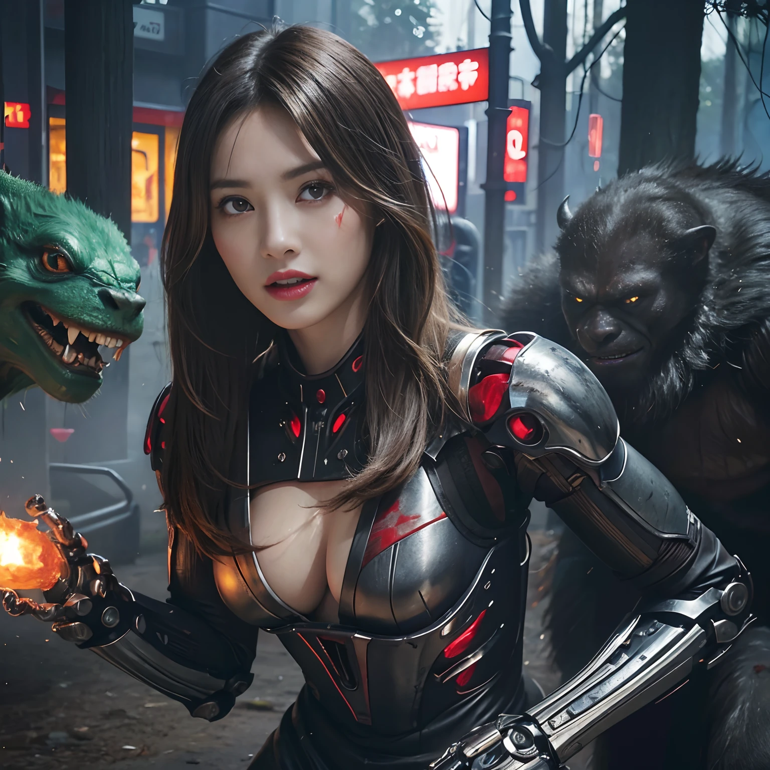 (1 Mechanical Girl)、top-quality、​masterpiece、超A high resolution、(Photorealsitic:1.4)、Raw photo、女の子1人、Fight mutants、glowy skin、(((1 Mechanical Girl)))、With a beautiful knife、（Yellow Metal Bodysuit）、(Kobold、ogre、Fierce battle with orcs),（Fight fiercely against aliens）、Fight fiercely、(beautiful forest background)、(Fighting Demonic Beasts)、(Small LED)、((super realistic details))、portlate、(Strong giant demon beast background),globalillumination、Shadow、octan render、8K、ultrasharp、Colossal tits、Raw skin is exposed in cleavage、metals、Details of complex ornaments、Japan details、highly intricate detail、Realistic light、(Mystical expression),CGSoation Trends、Red Eyes、radiant eyes、Facing the camera、neon details、(Mechanical limbs)、(blood vessels connected to tubes)、Mechanical vertebrae attached to the back、mechanical cervical attaching to neck、(Wires and cables connecting to the head)、Gundam、Small LED、,Mechanical thighs、Toostock、（Hands are also made of machines）、（Attack of the Monster Beasts）、（Wounded in a deadly battle）、