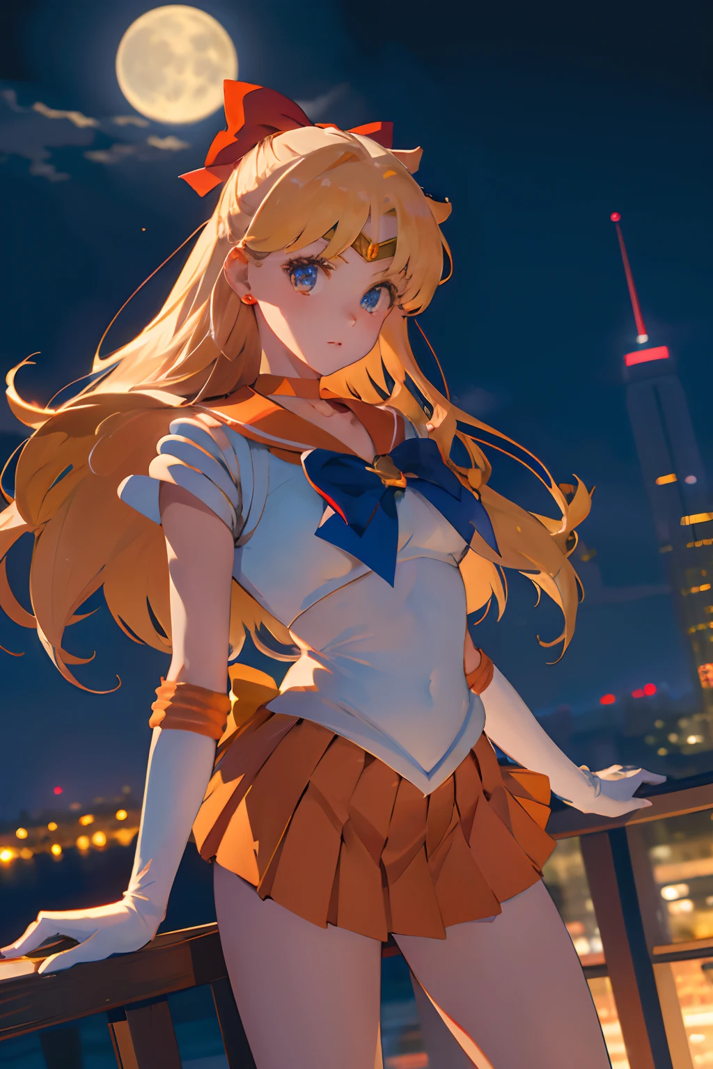 masterpiece, best quality, highres, sv1, sailor senshi uniform, orange skirt, elbow gloves, tiara, pleated skirt, miniskirt, red bow, orange choker, white gloves, jewelry, city, night, moon, cowboy shot, standing,