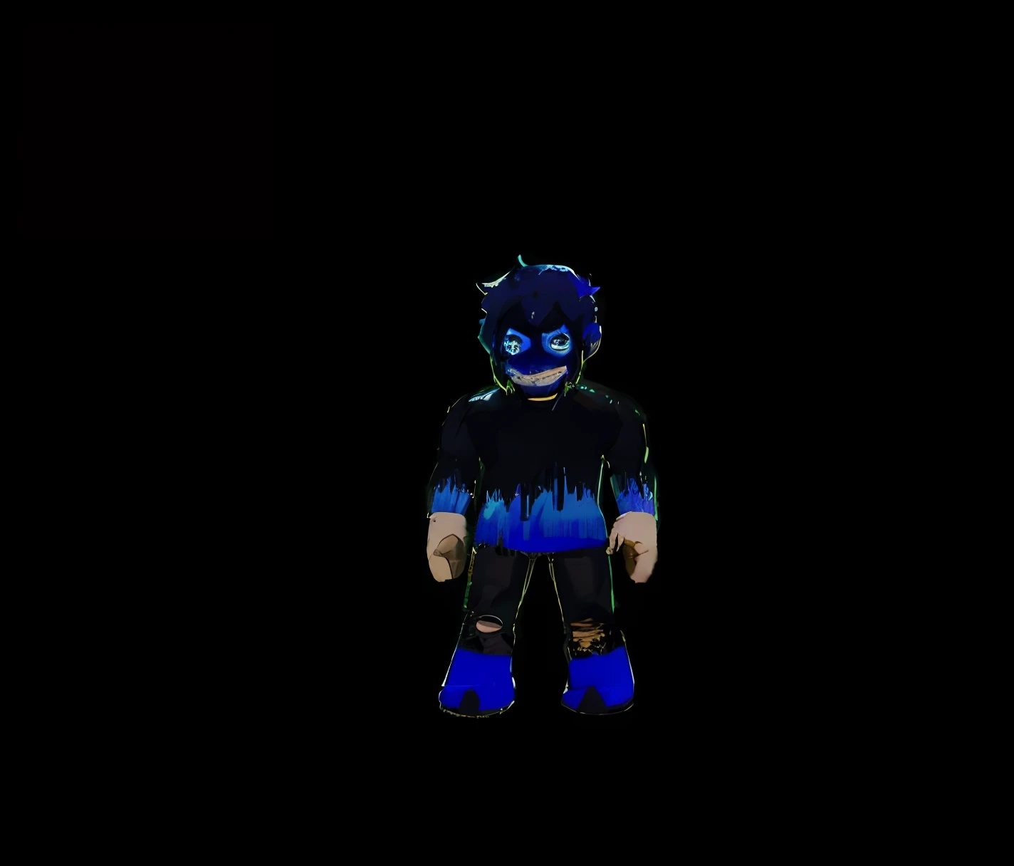 Blue-haired boy with dark mask with blue eyes and blue lips, In a dark suit and on the costume there is an image of a blue fire, on a black background