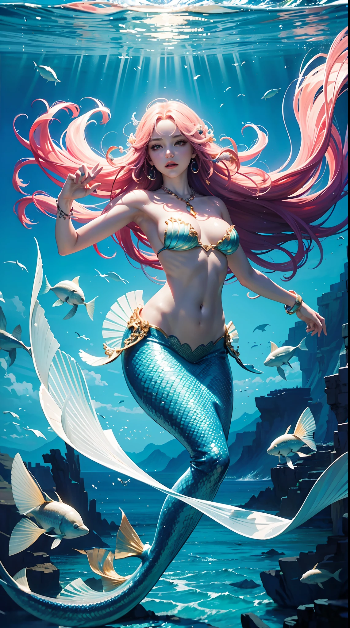 Best quality,4K,8K,A high resolution,Masterpiece:1.2,Ultra-detailed,Realistic:1.37,Vast seabed,(depth of fields),(long and flowing hair,Elegant mermaid,coda,Seamless integration),Ethereal beauty,peacful,Masterpiece:1.2,tropical fishes,Floating jellyfish,Colorful coral reefs,Diverse marine life。Vibrant colors,dreamlike lighting.