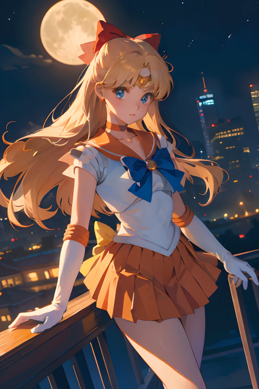 masterpiece, best quality, highres, sv1, sailor senshi uniform, orange skirt, elbow gloves, tiara, pleated skirt, miniskirt, red bow, orange choker, white gloves, jewelry, city, night, moon, cowboy shot, standing,