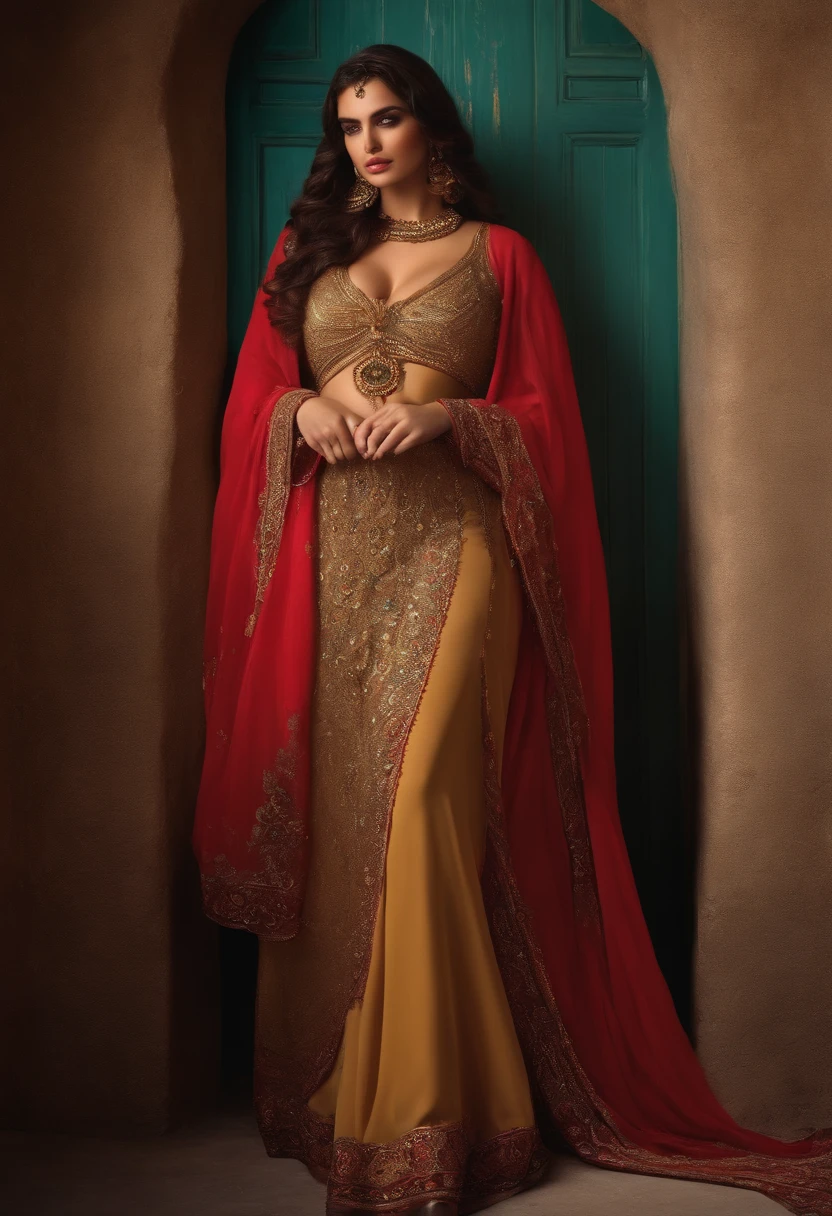 Create a hyper-realistic image of a hot Indian woman dressed in a sexy fantasy outfit. She wears an intricately designed, form-fitting ensemble that blends traditional Indian elements with modern, alluring fashion. The outfit features luxurious fabrics, vibrant colors, and bold embellishments that highlight her curves and enhance her captivating presence. Her confident stance and seductive gaze add to the fantasy allure, set against a backdrop that complements the mystical, exotic theme, nsfw.