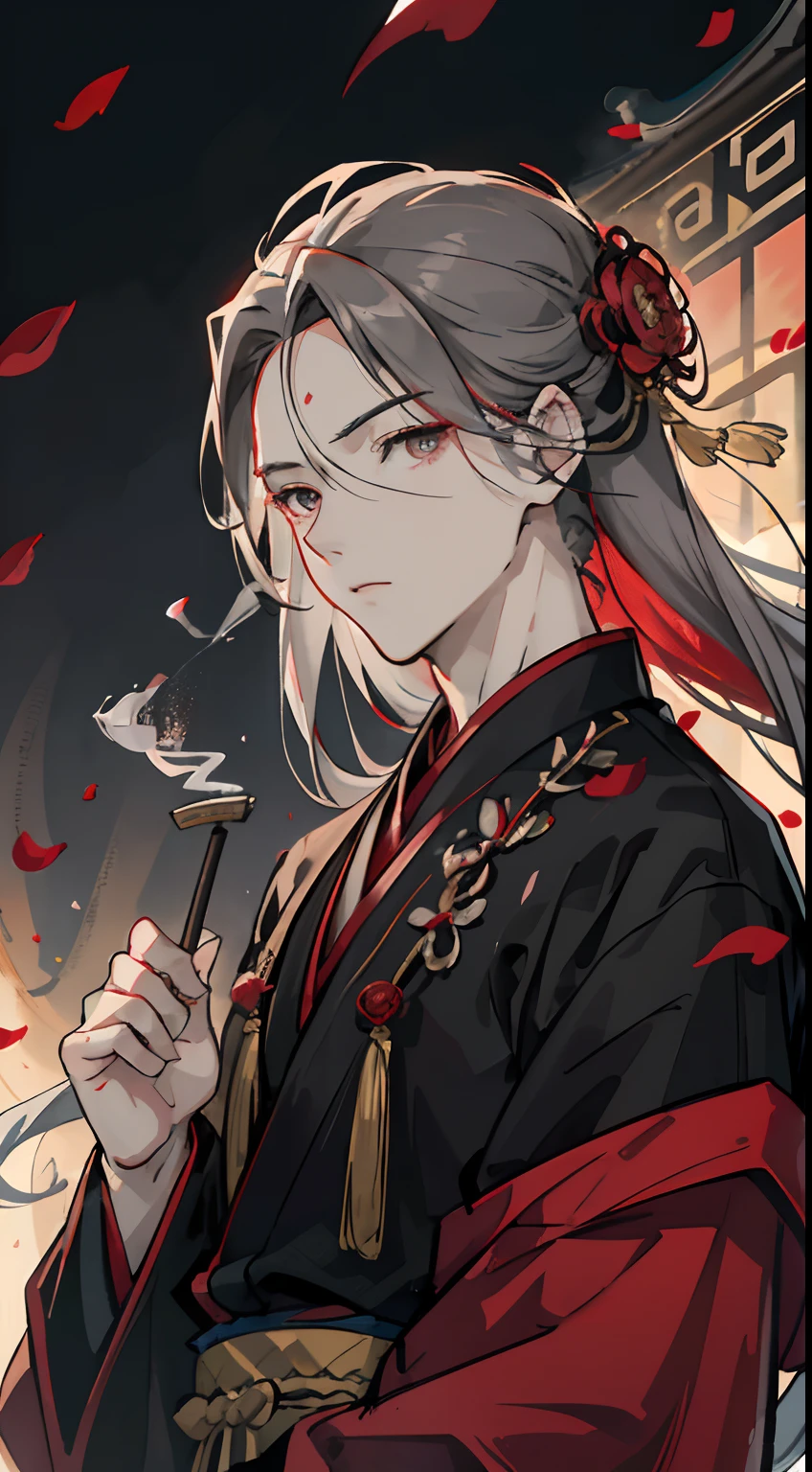 Adult male, strong, red-dark eyes, long grey hair, floating hair, forehead wipe, flying bangs, resolute eyes, ancient Chinese costume, gorgeous accessories, magic smoke around him, fov, f/1.8, masterpiece, ancient Chinese architecture, night, flower petals flying, front portrait shot, side lighting, moonlight shining on people, 8K, HDR, ultra HD, semi-realistic