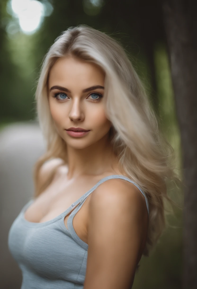 Frau mit Tanktop , Sexy girl with blue eyes, portrait sophie mudd, Portrait de Corinna Kopf, blonde hair and large eyes, Selfie einer jungen Frau, ohne Make-up, Natural makeup, Blick direkt in die Kamera, Gesicht mit Artgram, dezentes Make-up, Great full body photo, im Wald, big boobs, Blond,sieht aus wie ein echtes bild