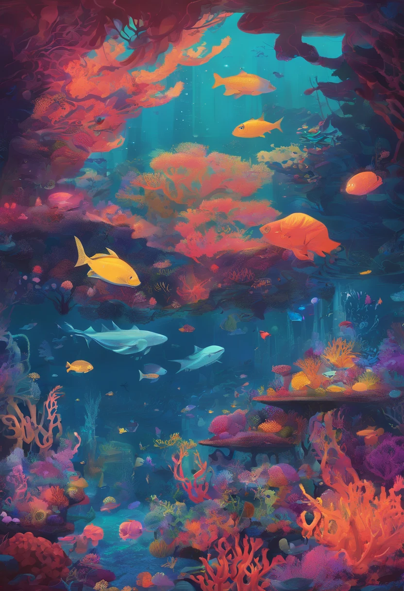 Colorful coral reefs，Underwater Kingdom，Glowing underwater plants，Yayoi Kusama，Dreamy，Dreamlike scenery，an octopus，the shark