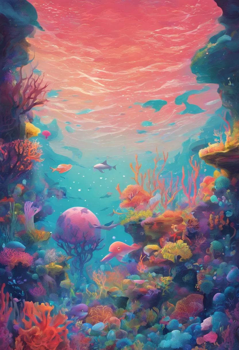 Colorful coral reefs,Underwater Kingdom,Glowing underwater plants,Yayoi Kusama,Dreamy,Dreamlike scenery,an octopus,the shark