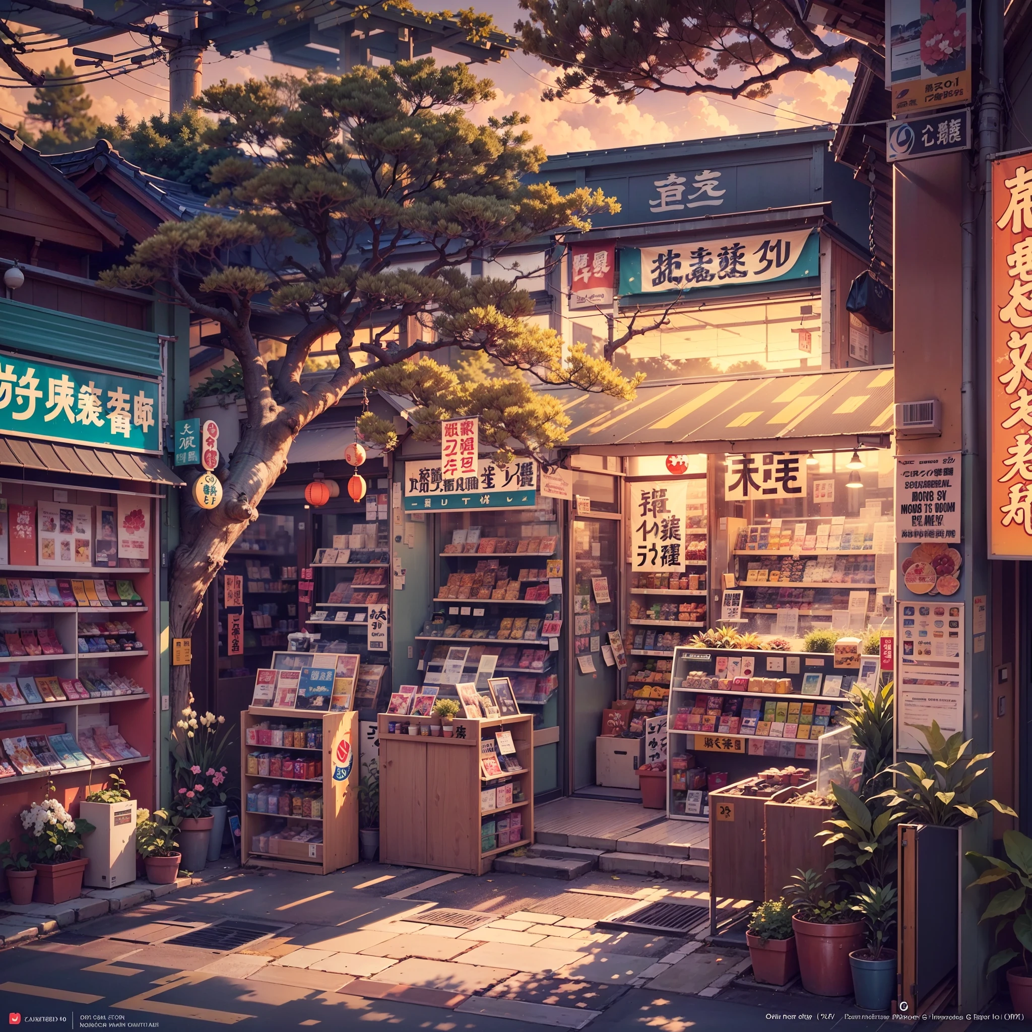 anime background, anime wallpaper, anime, anime style, lofi, lofi style, modern japanese street, modern japanese architecture, japanese convenience store, big retro japanese shop signs, retro japanese store, trees, plants, rocks, plant pots, shop signs, japanese banners, japanese signs, flags, sunrise, golden hour, golden lighting, empty street, no one in sight, (no one: 1), best quality