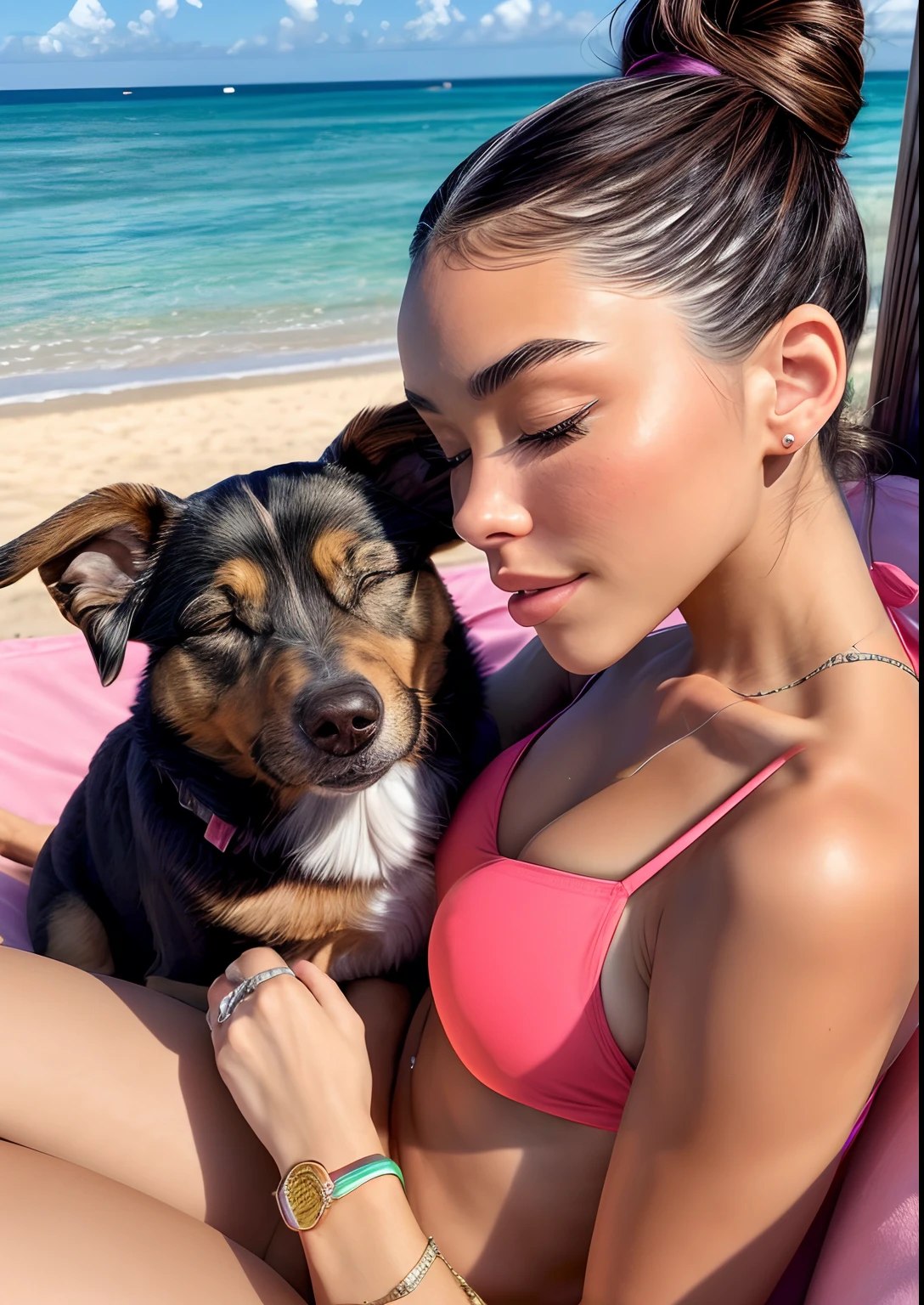 ((masterpiece)), (best quality), perfect anatomy, highres, detailed, (8k), photorealistic,best quality, ultra highres,  ((detailed face)),
realistic, 1girl, madisonbeer-smf, madison beer at the beach relaxing laying down putting sun screen on her face wearing headphones listening to muisc wearing a brown bikini hairstyle messy bun shes wearing long  press on  pink nails on her finger nails her dog is sleeping next to her the wind is cozy full body view