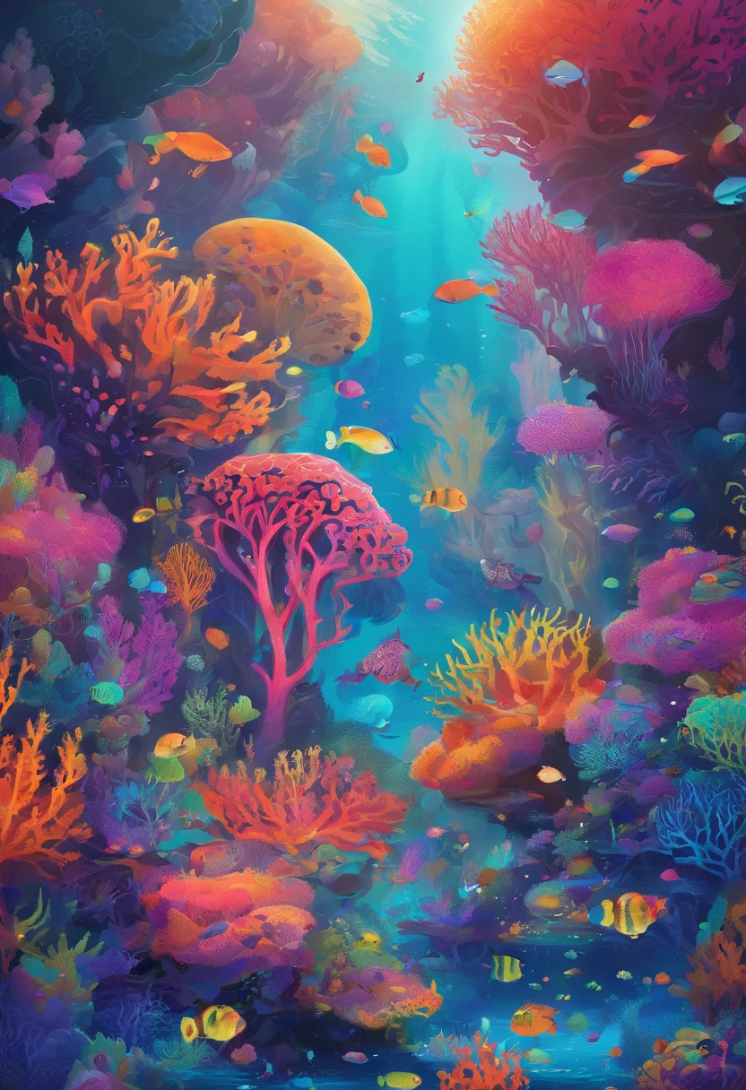 Colorful coral reefs,Underwater Kingdom,Glowing underwater plants,Yayoi Kusama,Dreamy,Dreamlike scenery,Various seabed creatures