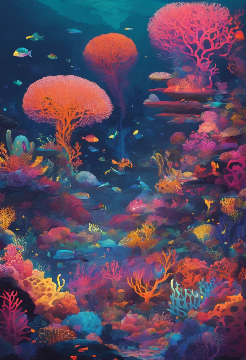 Colorful coral reefs,Underwater Kingdom,Glowing underwater plants,Yayoi Kusama,Dreamy,Dreamlike scenery,Various seabed creatures