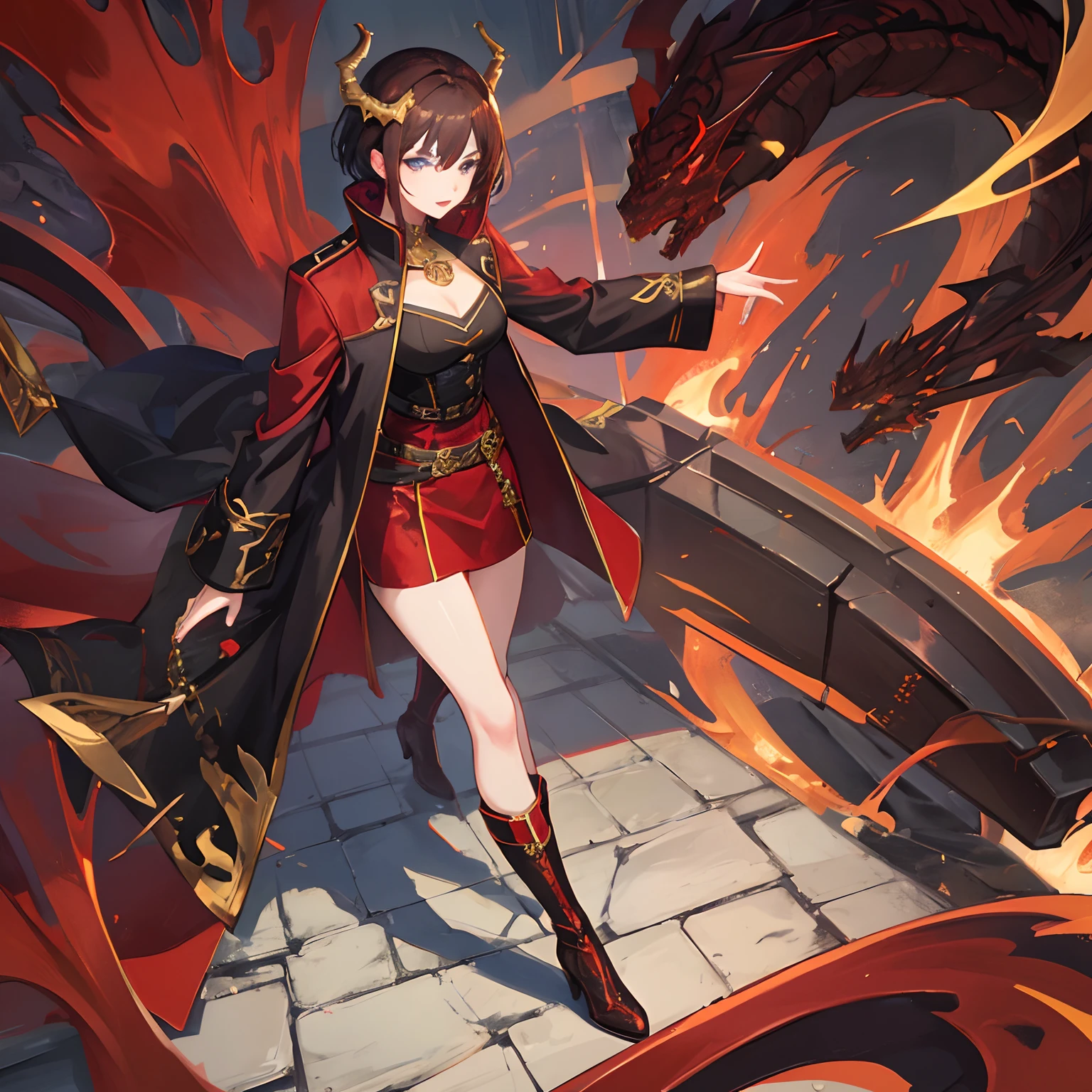 woman, brunette waivy short hair, gold-blue eyes, long boots, red and black outfit modern with oriental elements, dragon horns and dragon tail, red lipstick, in jacket with golden elements