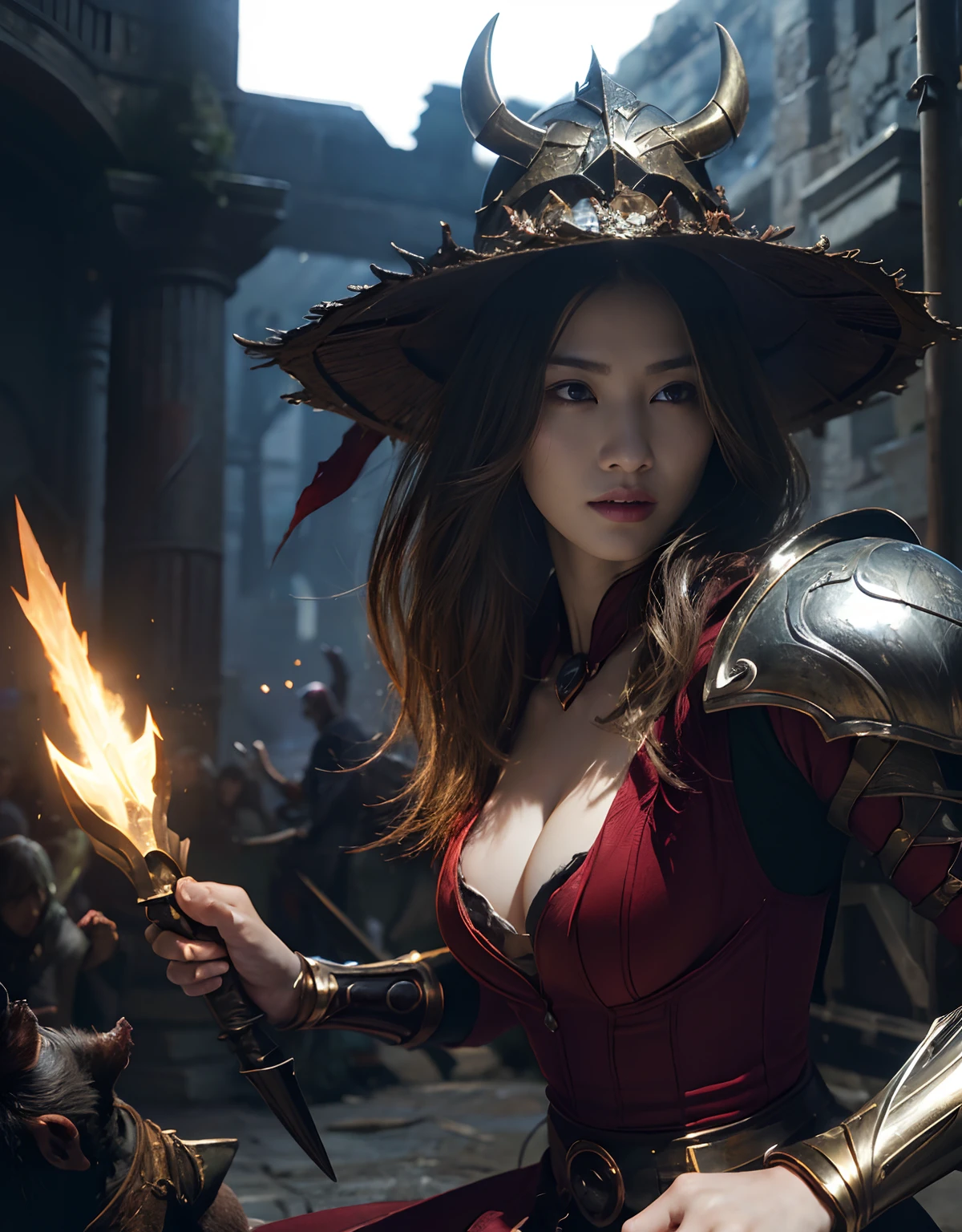 (One Knight Girl)、top-quality、masterpiece、超A high resolution、(Photorealsitic:1.4)、Raw photo、1人、(Wear the Dark Knight's Armor)、glowy skin、(((Dark Fantasy)))、Fight with beautiful swords and shields、(((Mystical expression))),(Gorgeous gold metal body)、(Fight goblins、ogre、Fierce battle with orcs),(Fighting strong enemies)、Fight fiercely、(Background of decaying dungeon ruins)、(Ultimate Beauty)、(Detailed knight's helmet)、(Fighting Demonic Beasts)、(Pointed Hat Wizard Hat)、((super realistic details))、portlate、(Strong giant demon beast background),globalillumination、Shadow、octan render、8K、ultrasharp、Colossal tits、Raw skin is exposed in cleavage、metals、Details of complex ornaments、Japan details、highly intricate detail、Realistic light、(Mystical expression),CGSoation Trends、Red Eyes、radiant eyes、Facing the camera)、Gundam、Small LED、Toostock、(Background of the mutation)、(Attack of the Monster Beasts)、Ultimate Beauty、beautiful female knight、Wear colorful armor、Detailed sword、(Wearing legendary armor)、