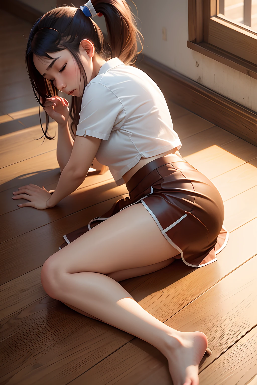  girl，Brown ponytail，Fainted on the wooden floor，Wear a long Chinese skirt，Close your eyes