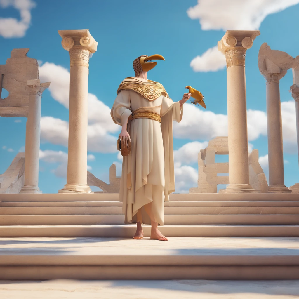 actor with bird mask, background old cartoon, ancient Greece, plates, Greek columns, fields, stairs, clouds, shades of blue and white, composition