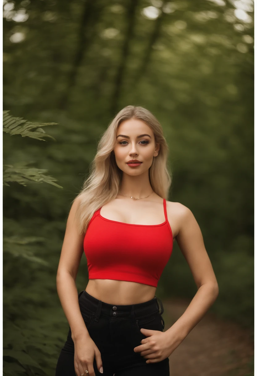 Frau mit Tanktop , Sexy girl, Sophie Mudd, Corinna Kopf, blonde hair and large eyes, Selfie einer jungen Frau, ohne Make-up, Natural makeup, Blick direkt in die Kamera, Gesicht mit Artgram, dezentes Make-up, Great full body photo, im Wald, big boobs, Blond,