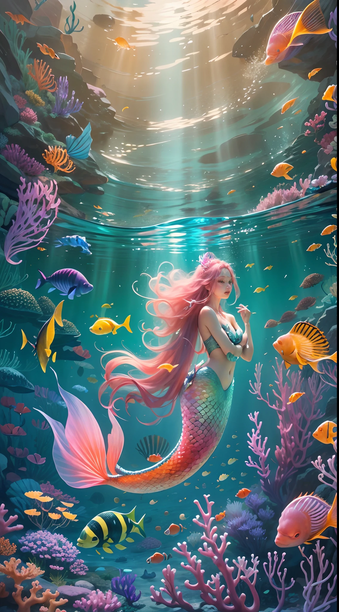 Best quality,A high resolution,Masterpiece:1.2,Vast seabed,(depth of fields),(Elegant mermaid,coda,Seamless integration),long and flowing hair,Ethereal beauty,peacful,tropical fishes,Floating jellyfish,Colorful coral reefs,Diverse marine life。Vibrant colors,dreamlike lighting.