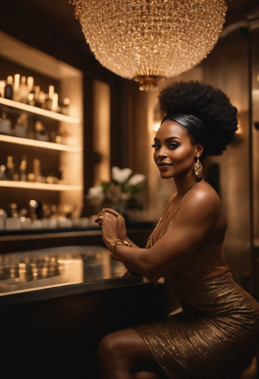Mulher, negra, com cabelo cacheado, dourado, com batom vermelho, estilo pixar, de roupa social, tomando cerveja