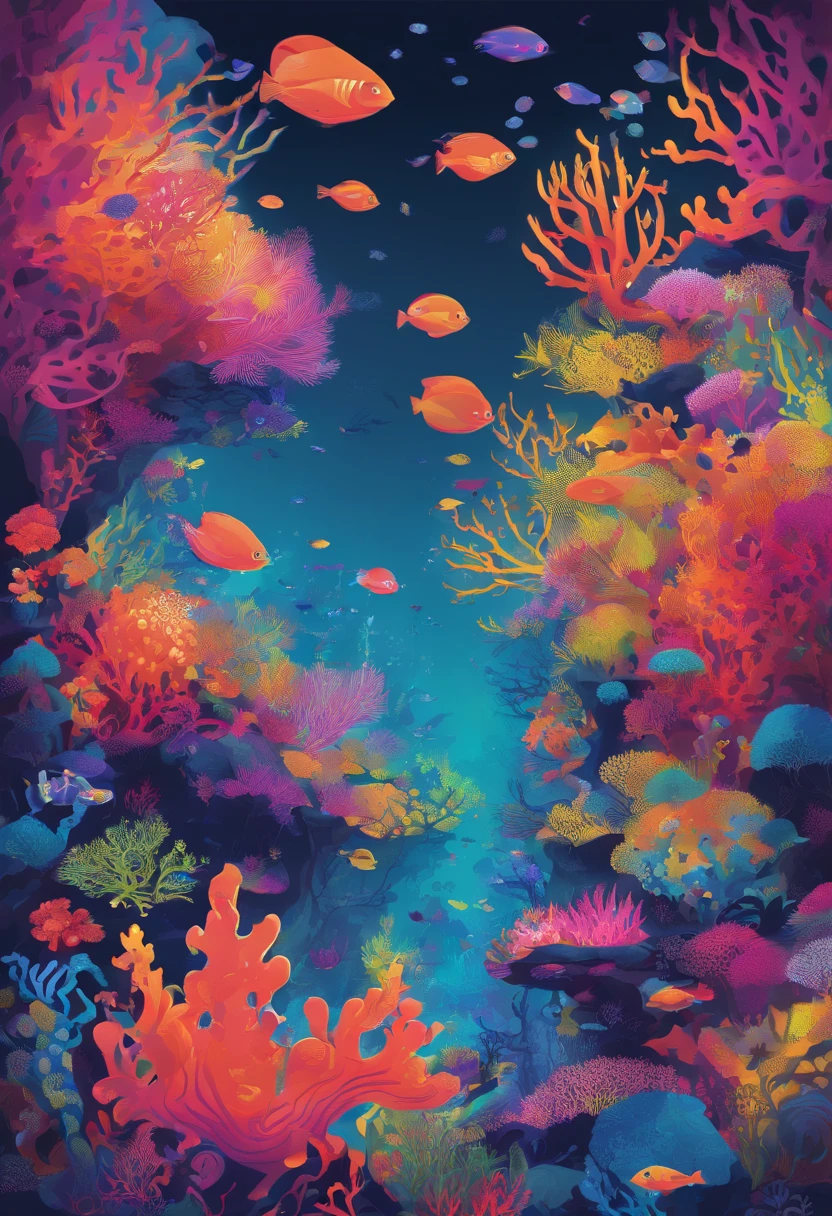 Colorful coral reefs,((Underwater Kingdom)),Glowing underwater plants,Yayoi Kusama,Dreamy,Dreamlike scenery,Various seabed creatures,Rich in color,Colorful colorful,