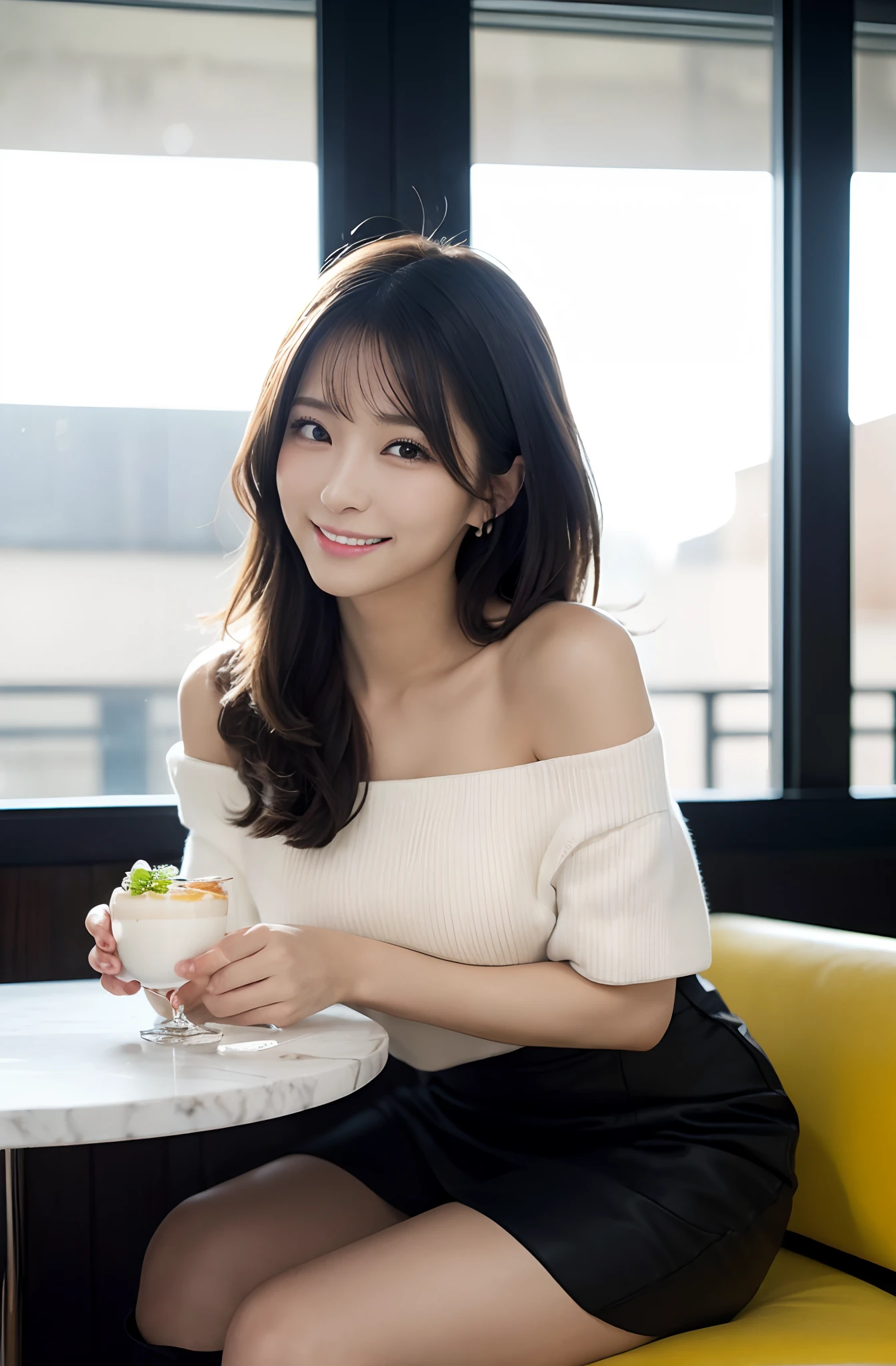 (masutepiece:1.5)、(top-quality:1.5)、(16k wallpaper:1.2)、(Photorealsitic:1.2)、(ultra-detailliert:1.2)、(超A high resolution:1.2)、(Cool Men:1.5)、(Men and women eating parfaits:1.3)、Inside the café、super-detaild skin、Detailed and clean eyes、Natural Color Lip、(White off-shoulder knit:1.2)、Black leather miniskirt and knee-length boots、Semi-long bob hair、large full breasts、Shy smile