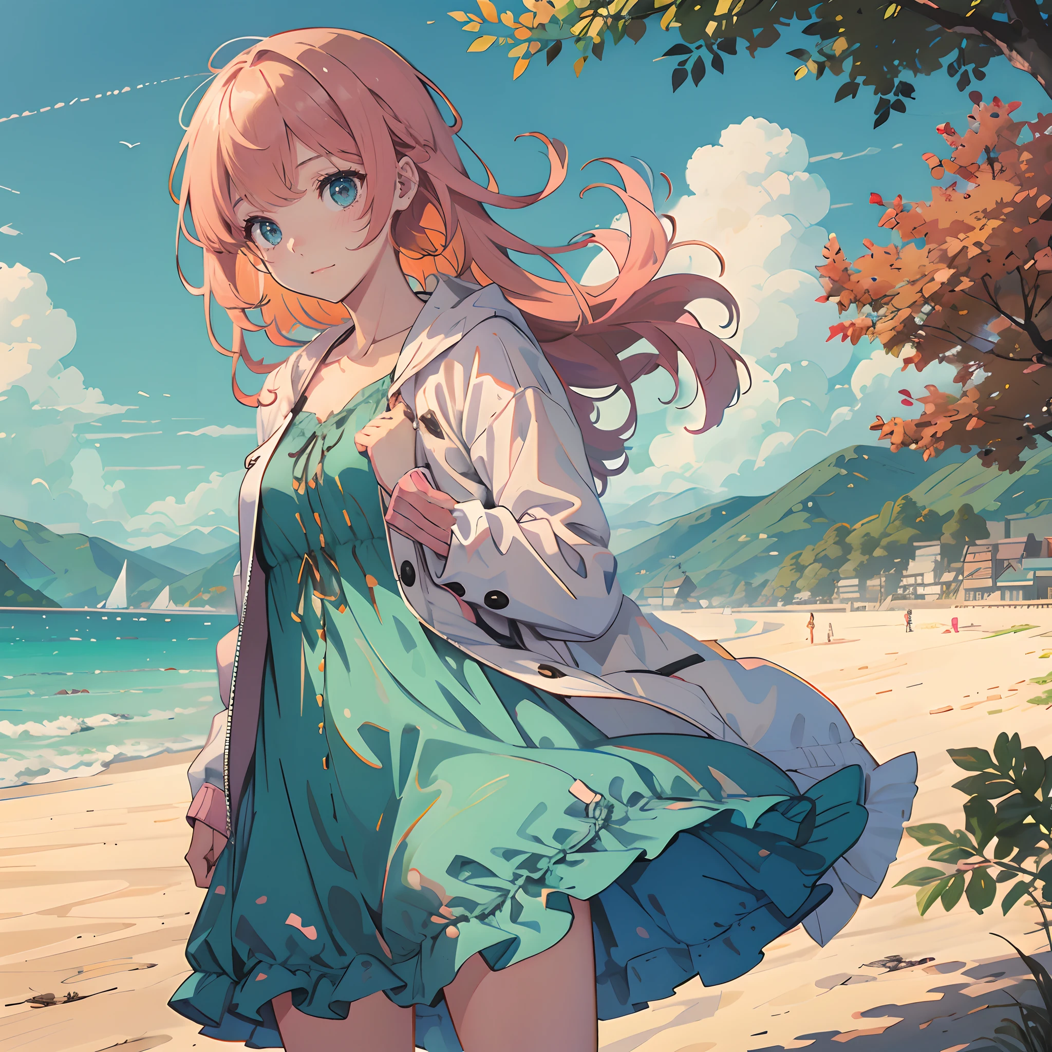 A young girl with long orange-pink hair and blue eyes is in the motion of putting on a light blue oversized jacket. The camera is close up to her. She is wearing a simple white dress underneath, and she is on the beach. Autumn is arriving, so it's getting a little chilly out. The picture is taken while she's putting the jacket on.