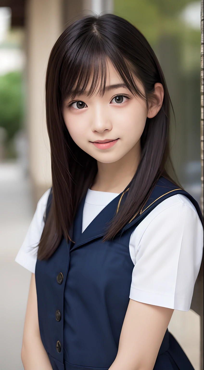 lens: 135mm f1.8, (highest quality),(RAW Photos), (Tabletop:1.1), (Beautiful  Japan girl), Cute face, (Deeply chiseled face:0.7), (freckles:0.4), dappled sunlight, Dramatic lighting, (Japanese School Uniform), (On campus), shy, (Close-up shot:1.2), (smile),, (Sparkling eyes)、(sunlight)