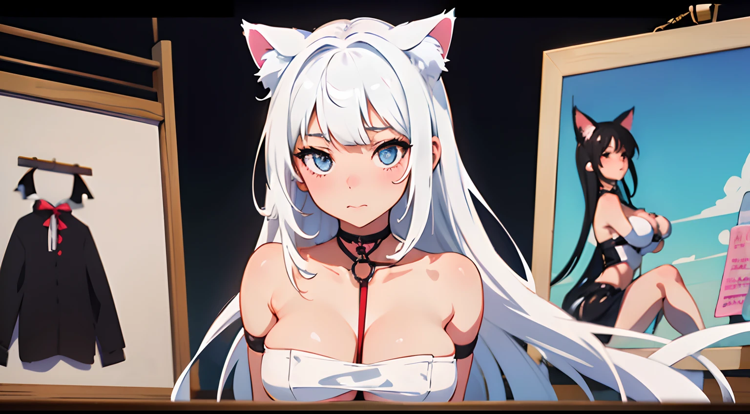 Cute with cat ears, Shibari, white colored hair, in an erotic pose, On the background of a large poster with a naked cute anime girl