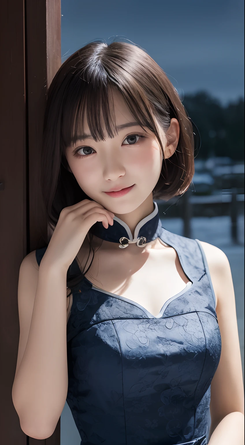 masutepiece, Best Quality, 8K, 10yaers old, Teen, Raw photo, absurderes, award winning portrait, Smile, Solo, (Night:1.8), Idol face, violaceaess, Delicate girl, Upper body, Digital SLR, Looking at Viewer, Candid, Sophisticated,Thin arms, Professional Lighting, Film grain, chromatic abberation, (Eyes and faces with detailed:1.0), (Bokeh:1.1) , (qipao dress:1.1) , closes mouth